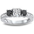 14K White Gold 1Ct Tdw Black White Diamond 3 Stone Ring