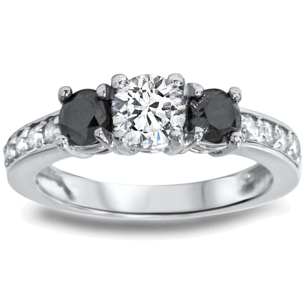 14K White Gold 1Ct Tdw Black White Diamond 3 Stone Ring