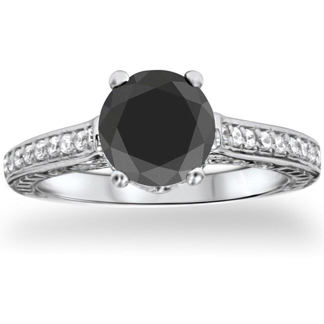 14K White Gold 2 3 4Ct Tdw Black And White Diamond Vintage Engagement Ring