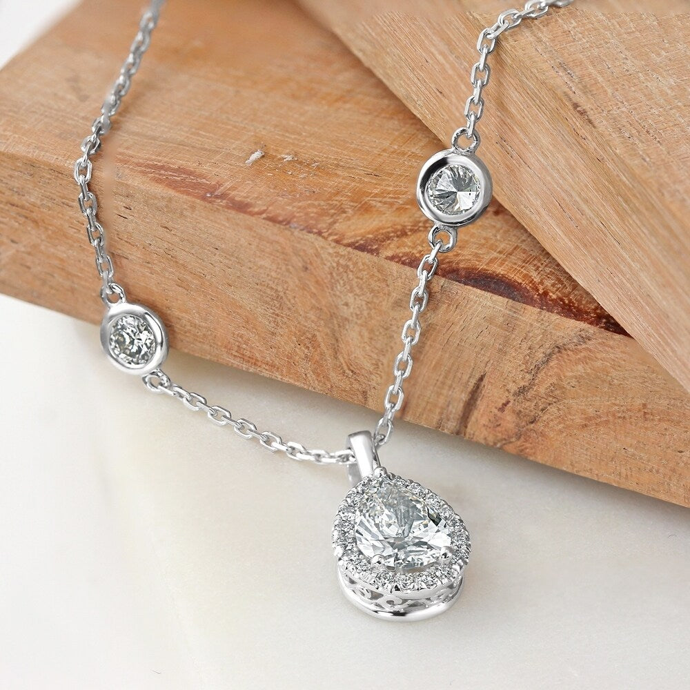 14K White Gold 2 3 5Ct Tdw Chain Station And Pear Shaped Diamond Halo Necklace