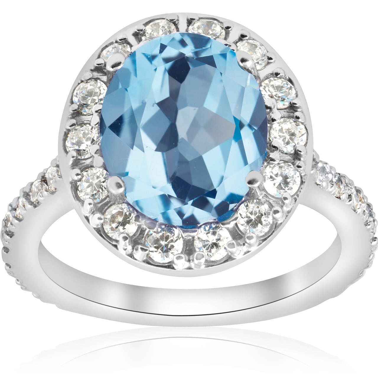 14K White Gold 4 Cttw Blue Topaz Diamond Halo Vintage Ring Engagement I J I2 I3