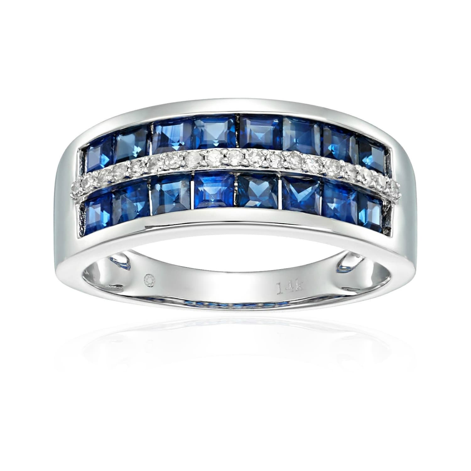 14K White Gold Blue Sapphire And Diamond Wedding Band Size 7