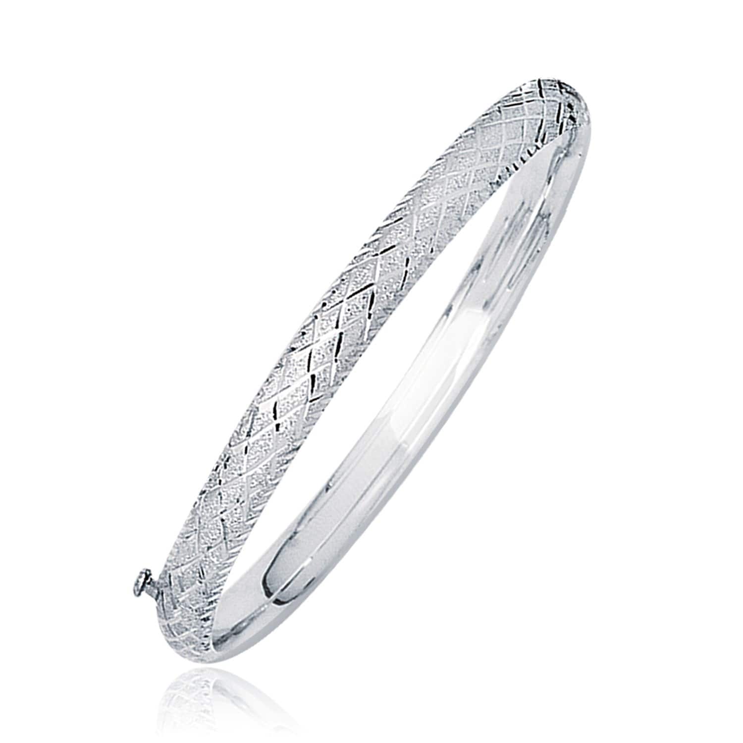 14K White Gold Diamond Carved Bangle 6.0 Mm