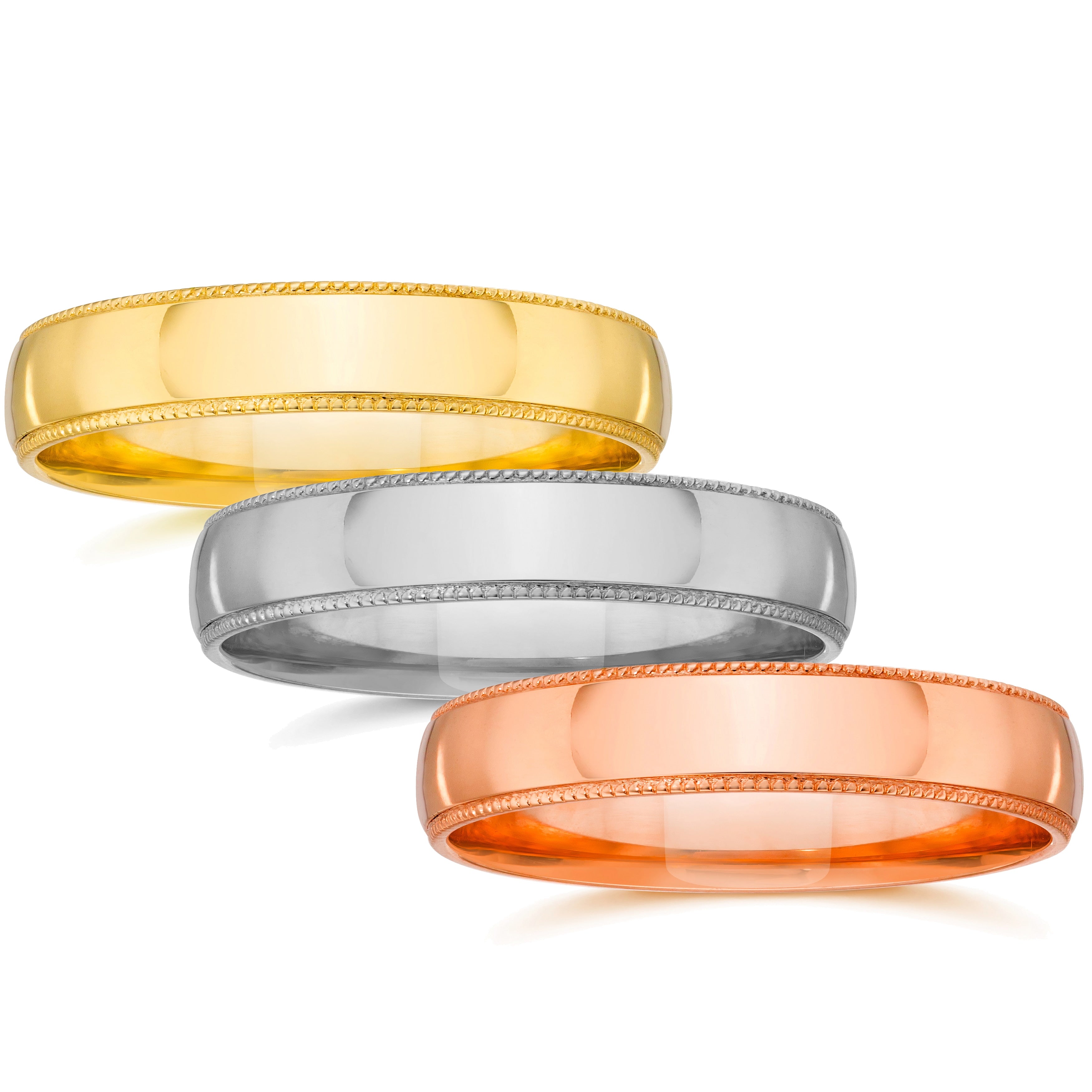 14K White Yellow And Rose Gold 4Mm Plain Milgrain Wedding Band