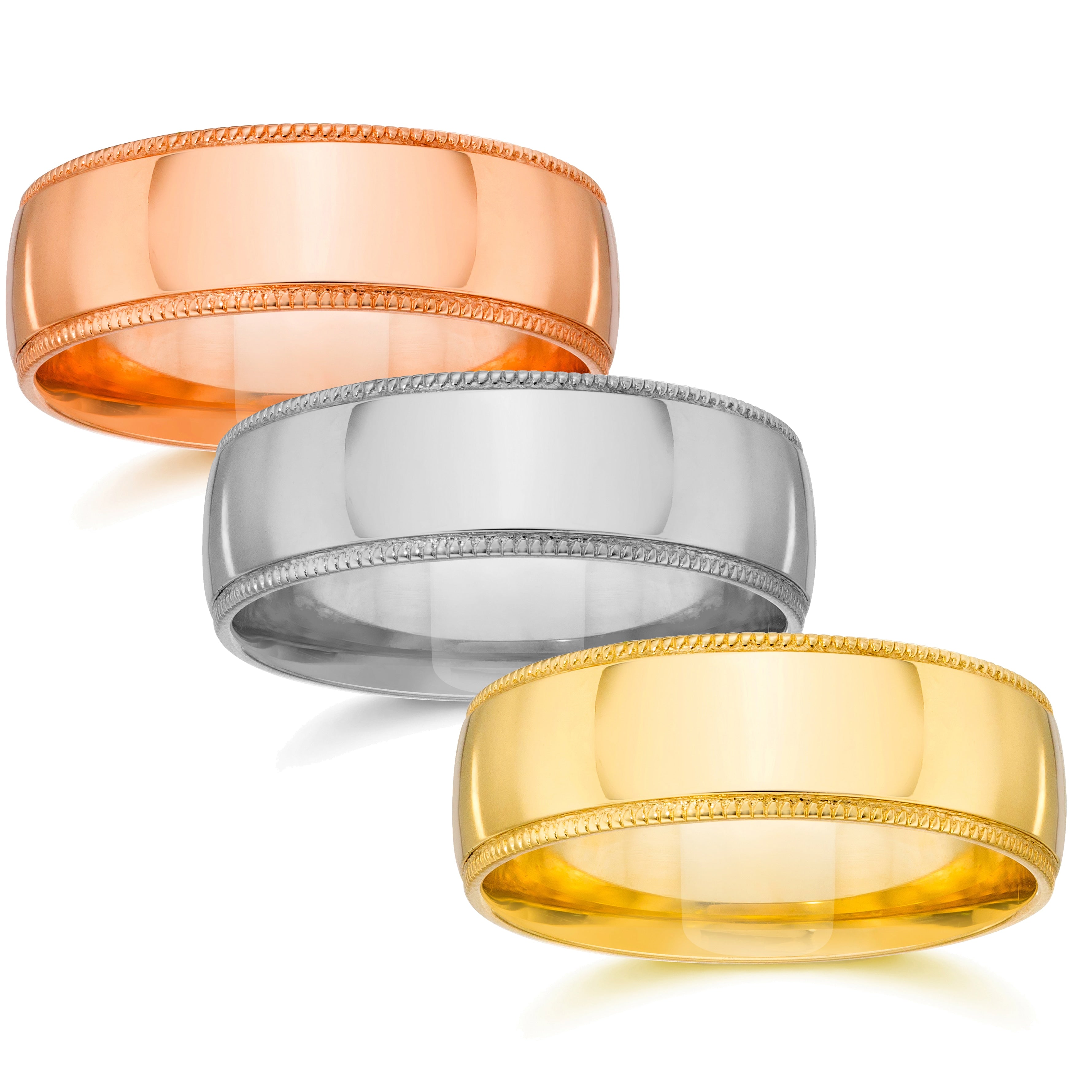 14K White Yellow And Rose Gold 7Mm Plain Milgrain Wedding Band