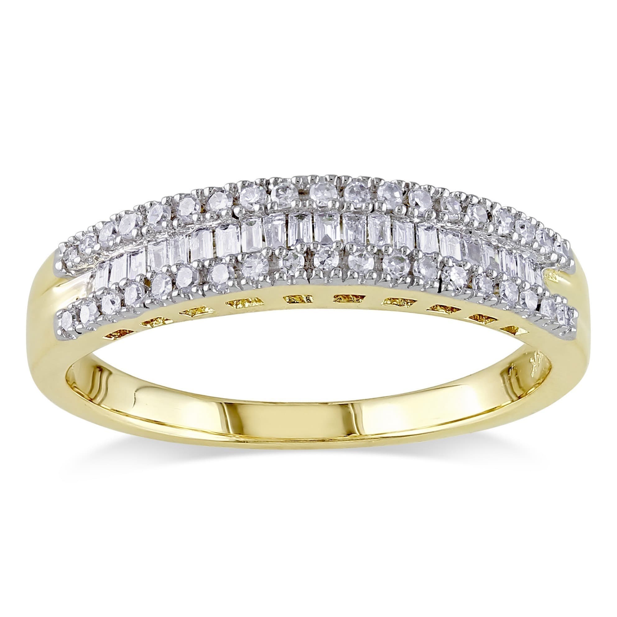 14K Yellow Gold 1 4Ct Tdw Baguette And Round Cut Diamond 3 Row Anniversary Band By Miadora