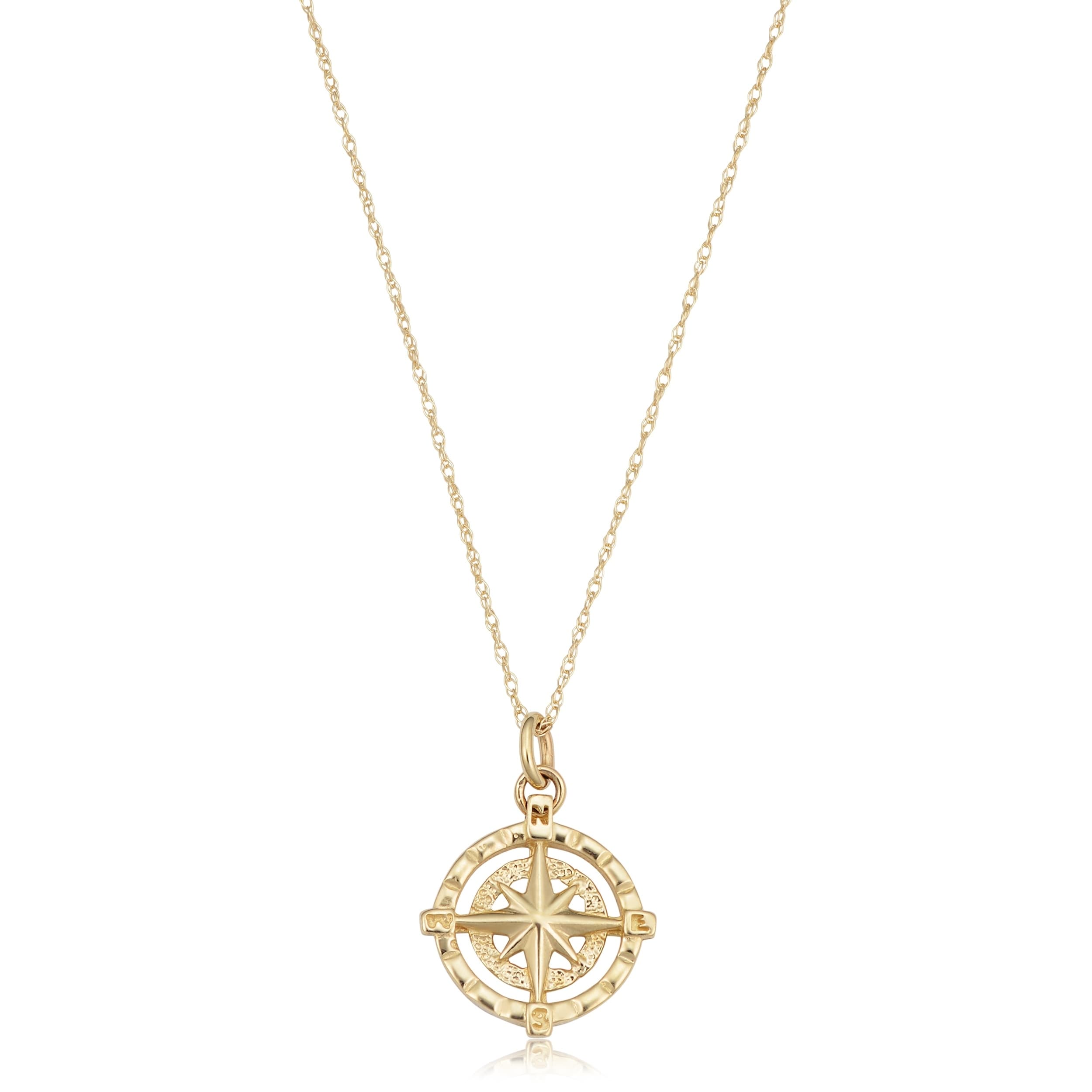 14K Yellow Gold Compass Windrose Pendant Rope Chain Necklace 18 Inches