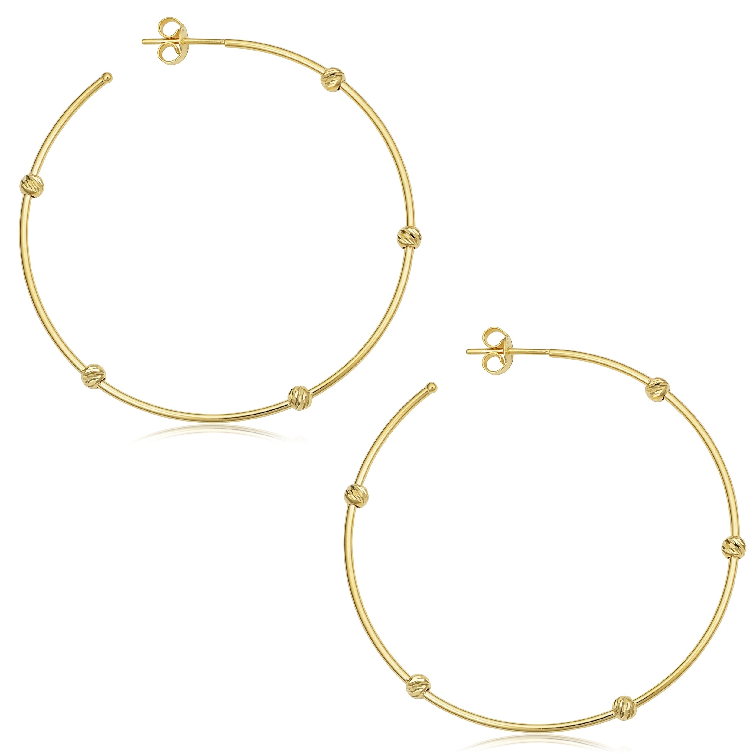 14K Yellow Gold Diamond Cut Bead Station Open Hoop Earrings