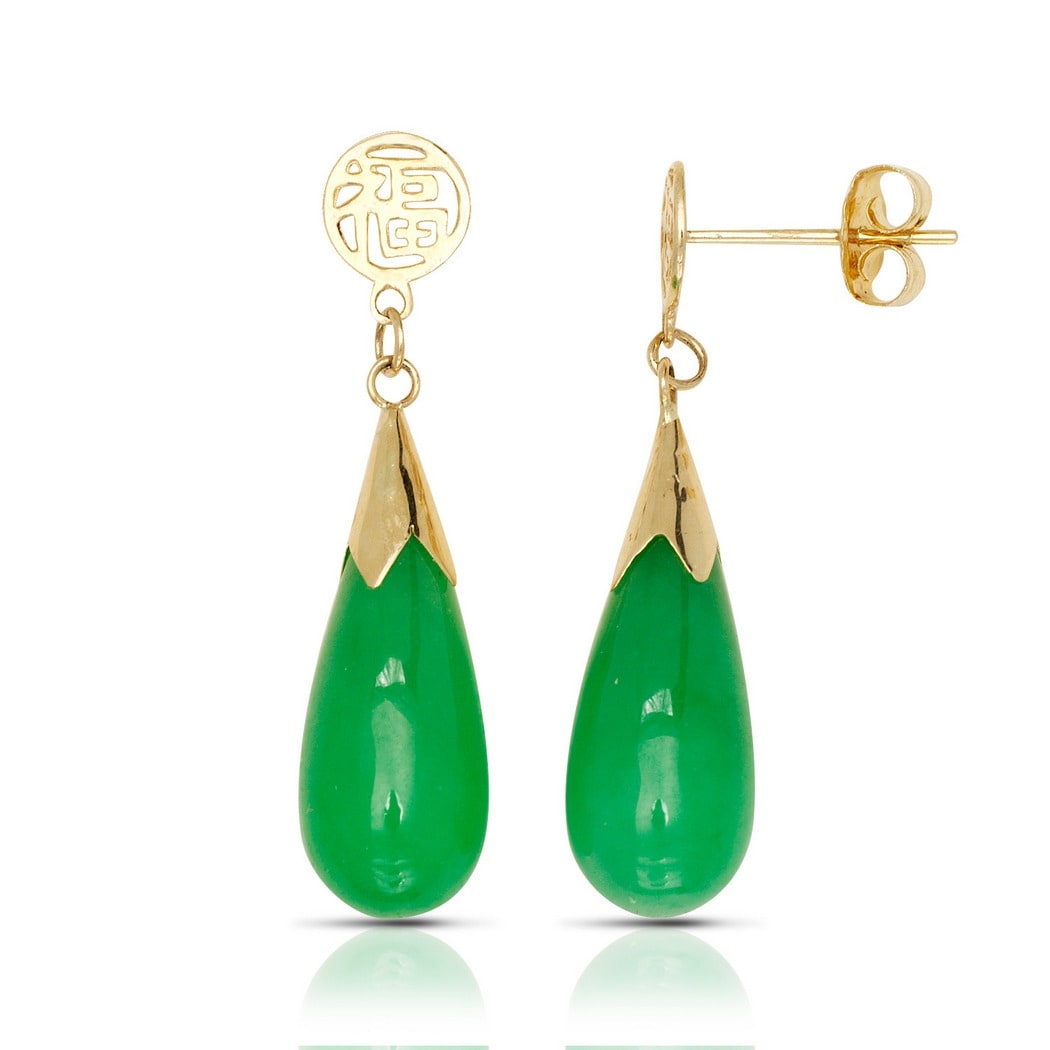 14K Yellow Gold Green Jade Teardrop Drop Earrings 5Mm X 28Mm