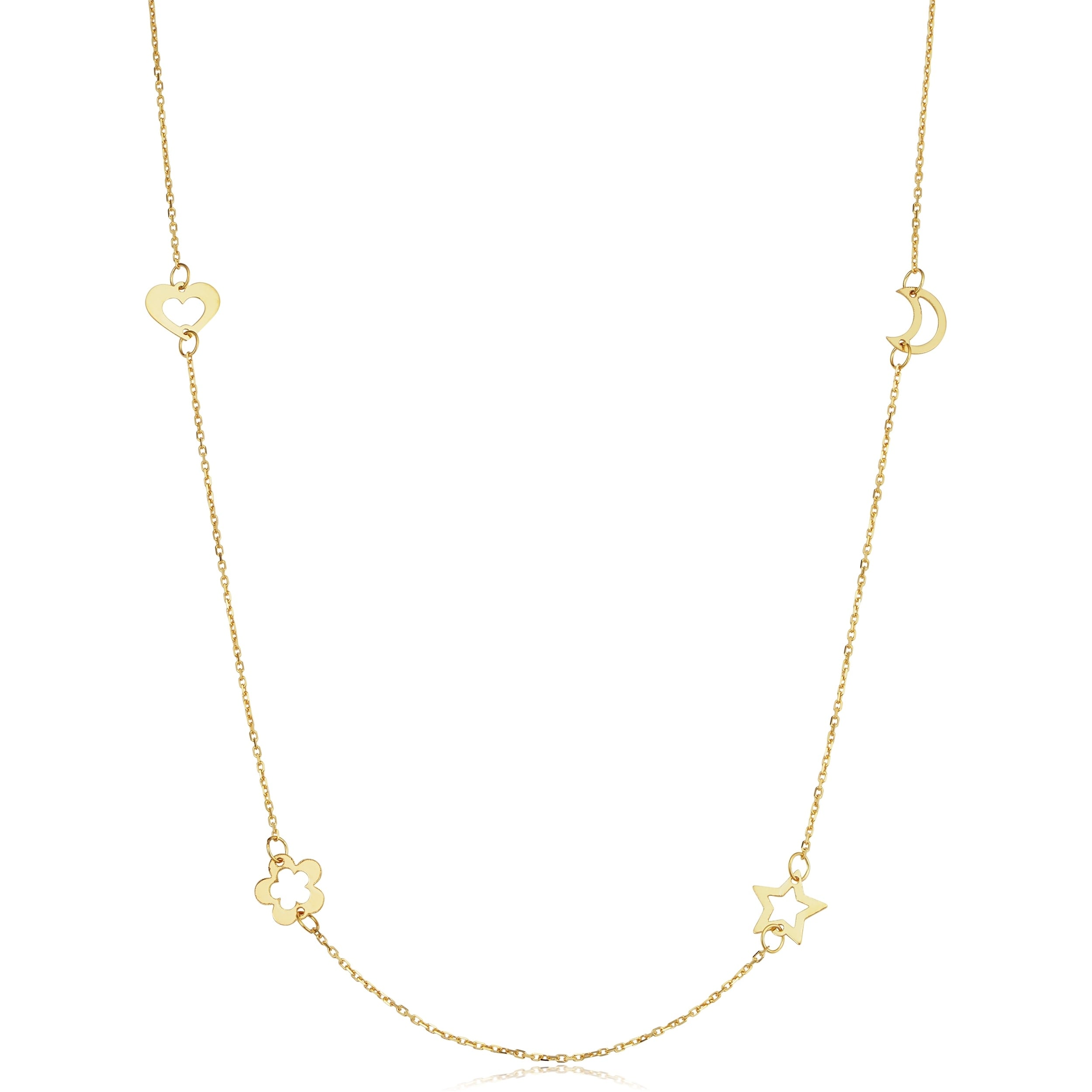 14K Yellow Gold Heart Flower Star Moon Station Necklace Adjusts To 17 Or 18 Inches