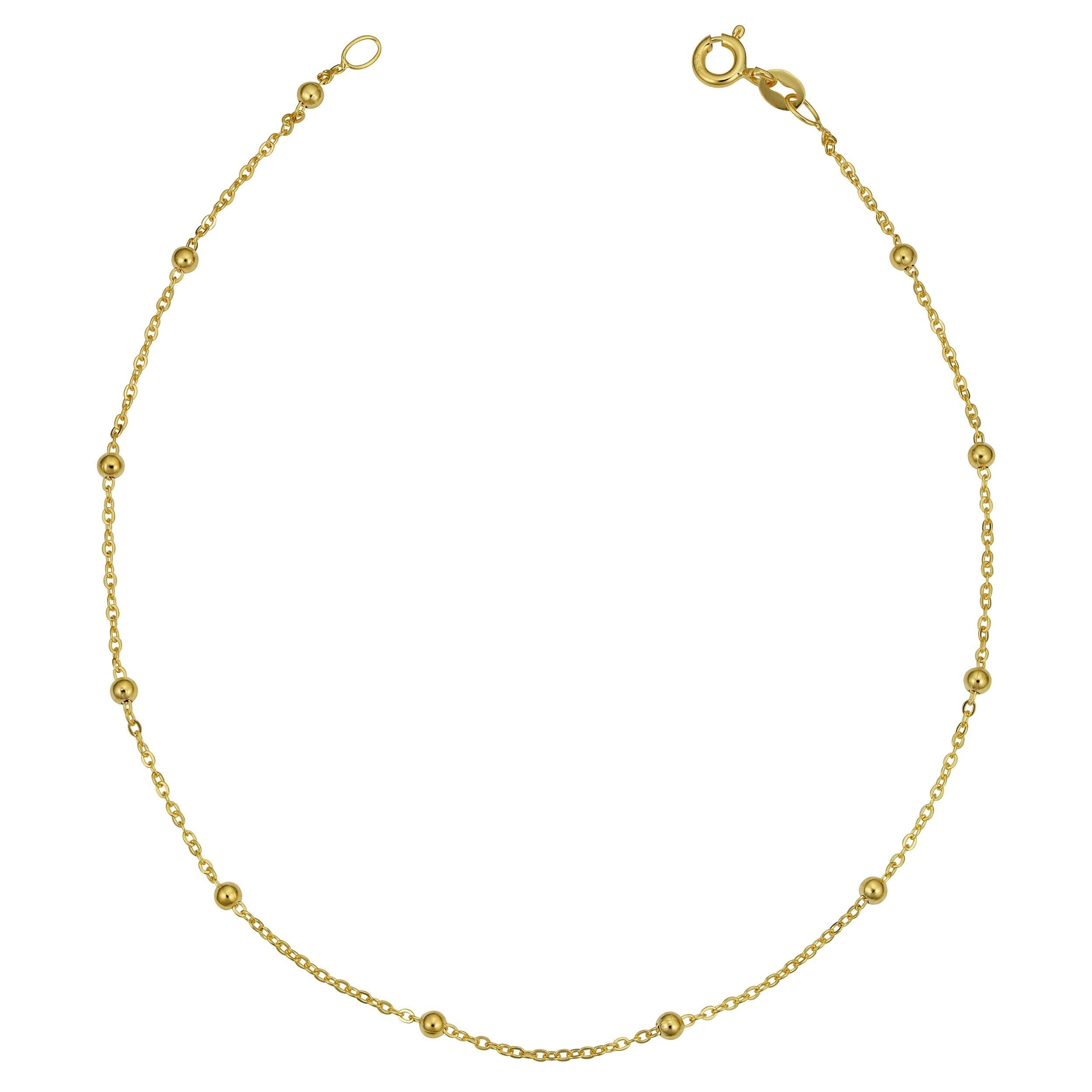 14K Yellow Gold Italian 2.5 Millimeters Bead Station Anklet 10 Inches