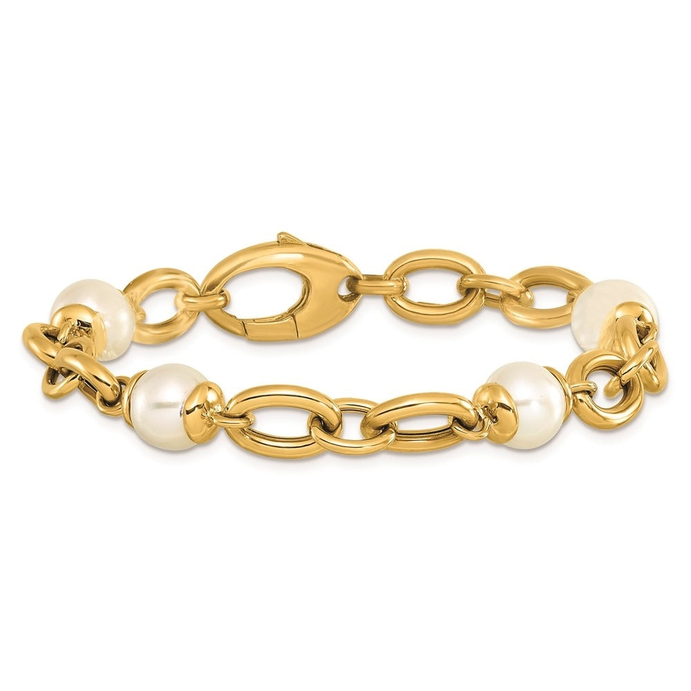 14K Yellow Gold Italian 7.75 8.75Mm Cultured Pearl And Oval Links Bracelet