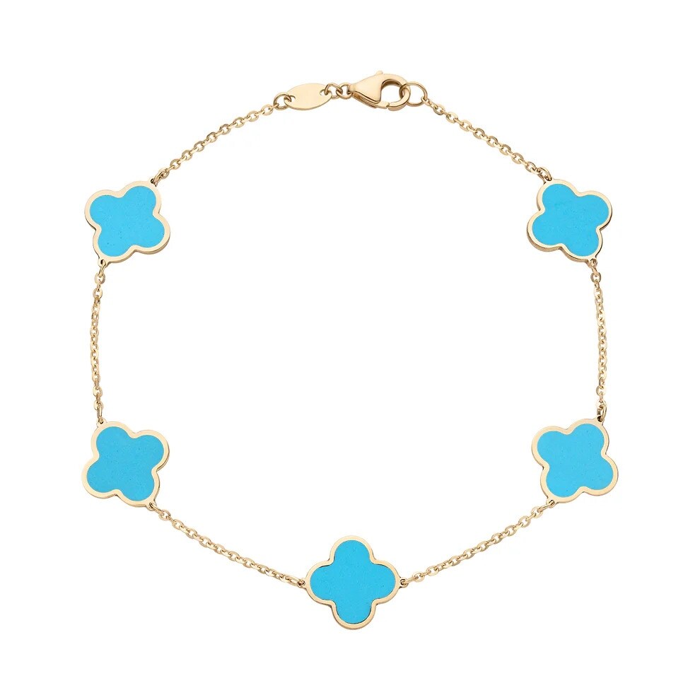 14K Yellow Gold Italian 7 Inlaid Genuine Gemstone 10Mm Medium Clover Bracelet