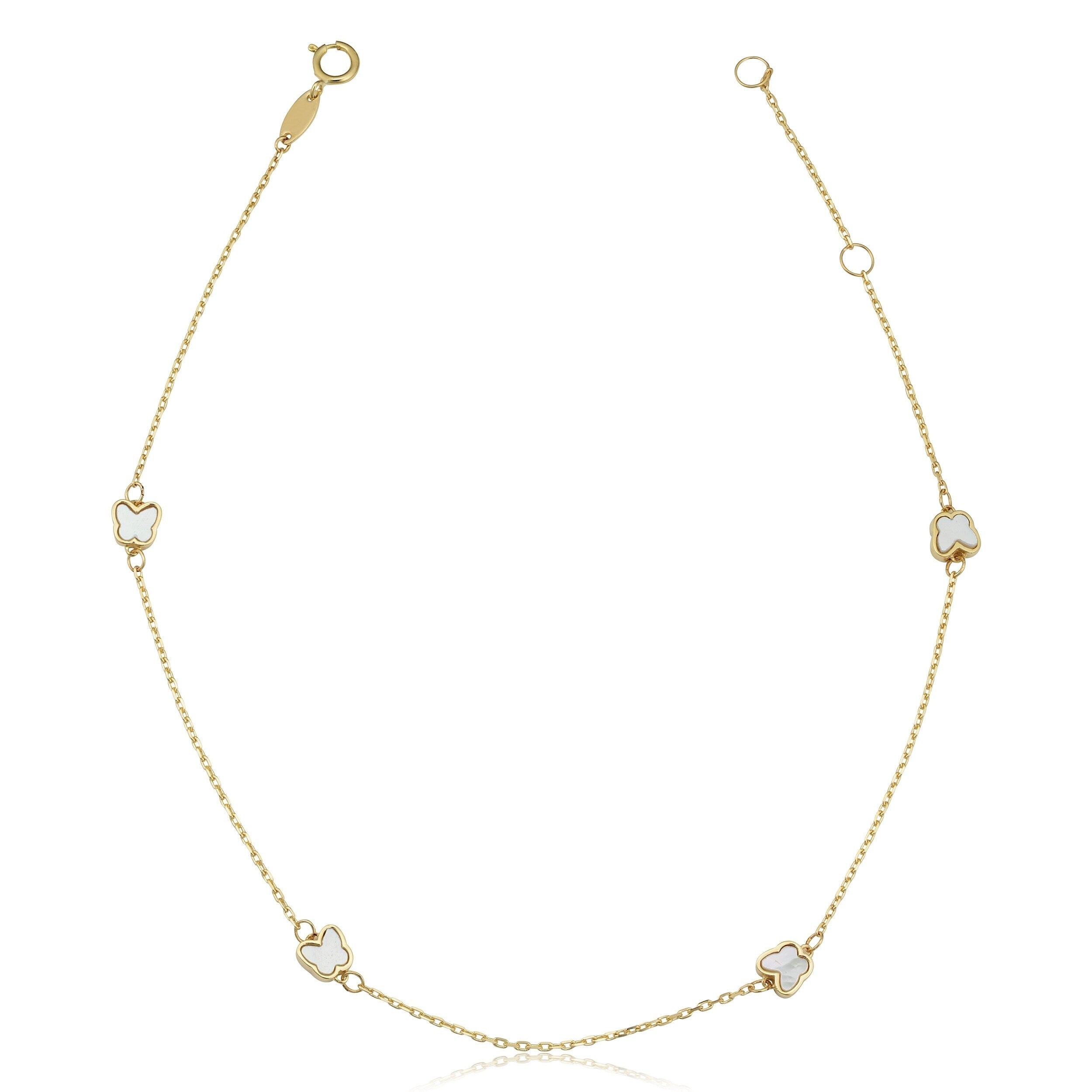 14K Yellow Gold Mother Of Pearl Butterfly Station Anklet Adjusts To 9 Or 10 Inches