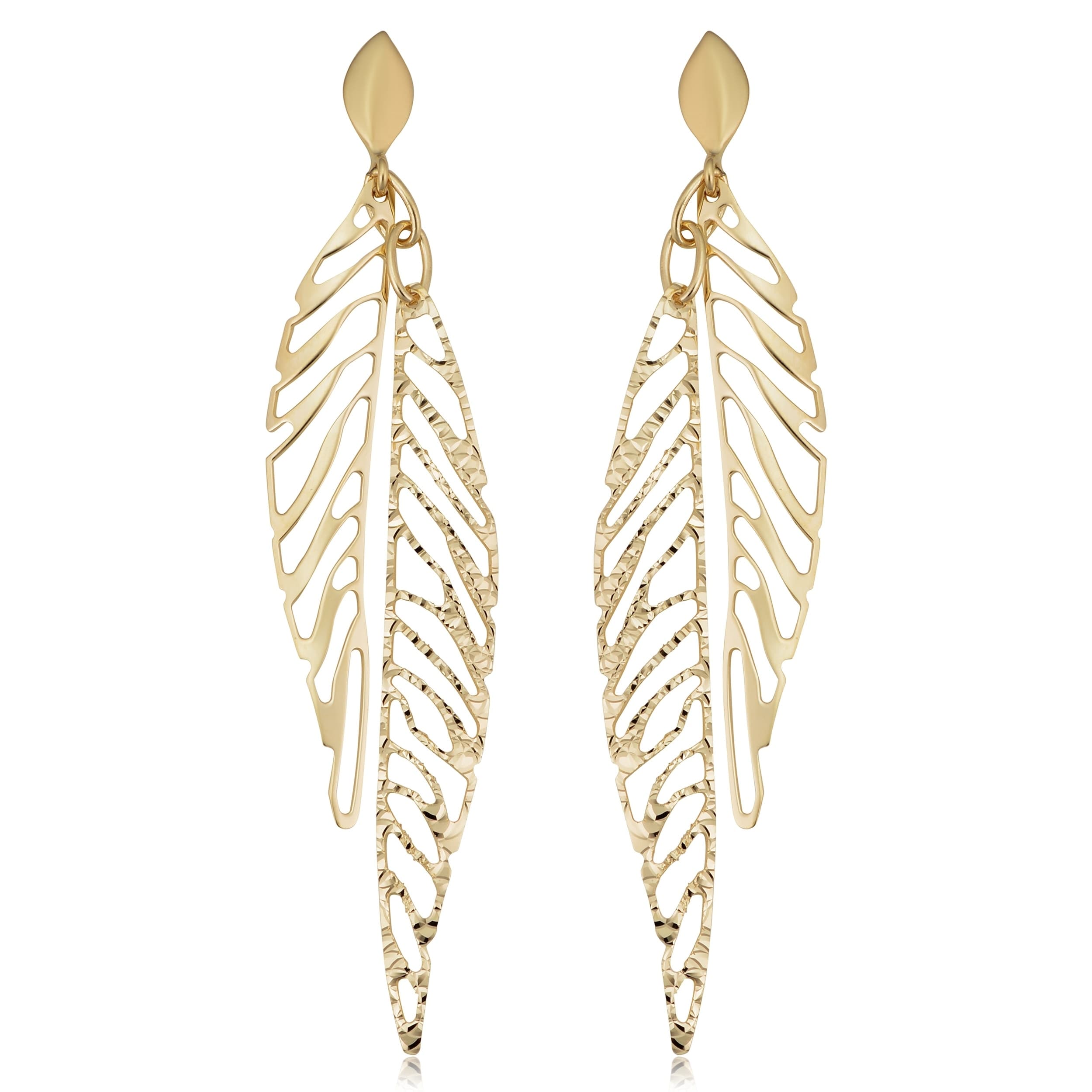 14K Yellow Gold Oval Double Leaf Drop Earrings