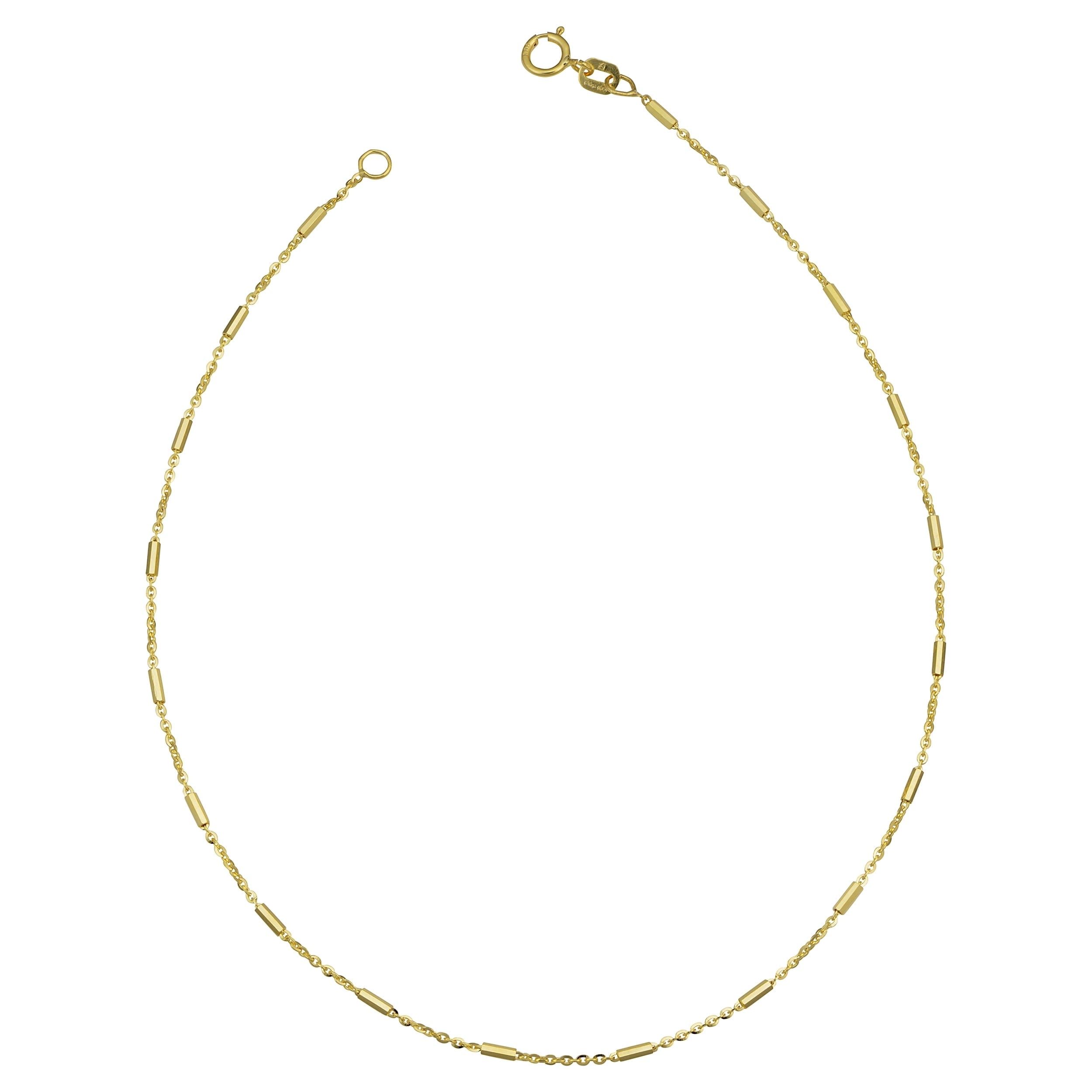14K Yellow Gold Rolo Link Tube Station Anklet 1.2 Millimeter 10 Inches