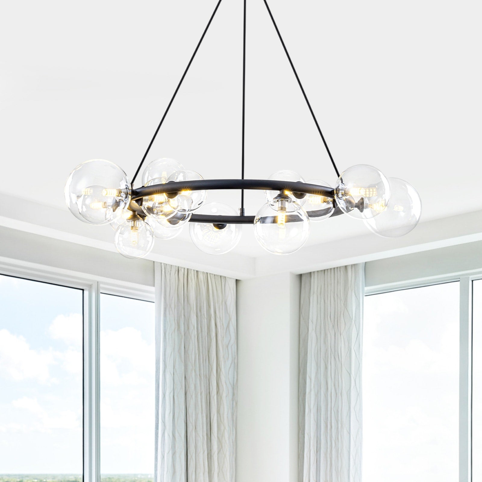 15 Light Black Ring Chandelier Industrial Modern Clear Glass Globe Dia.33.46 In