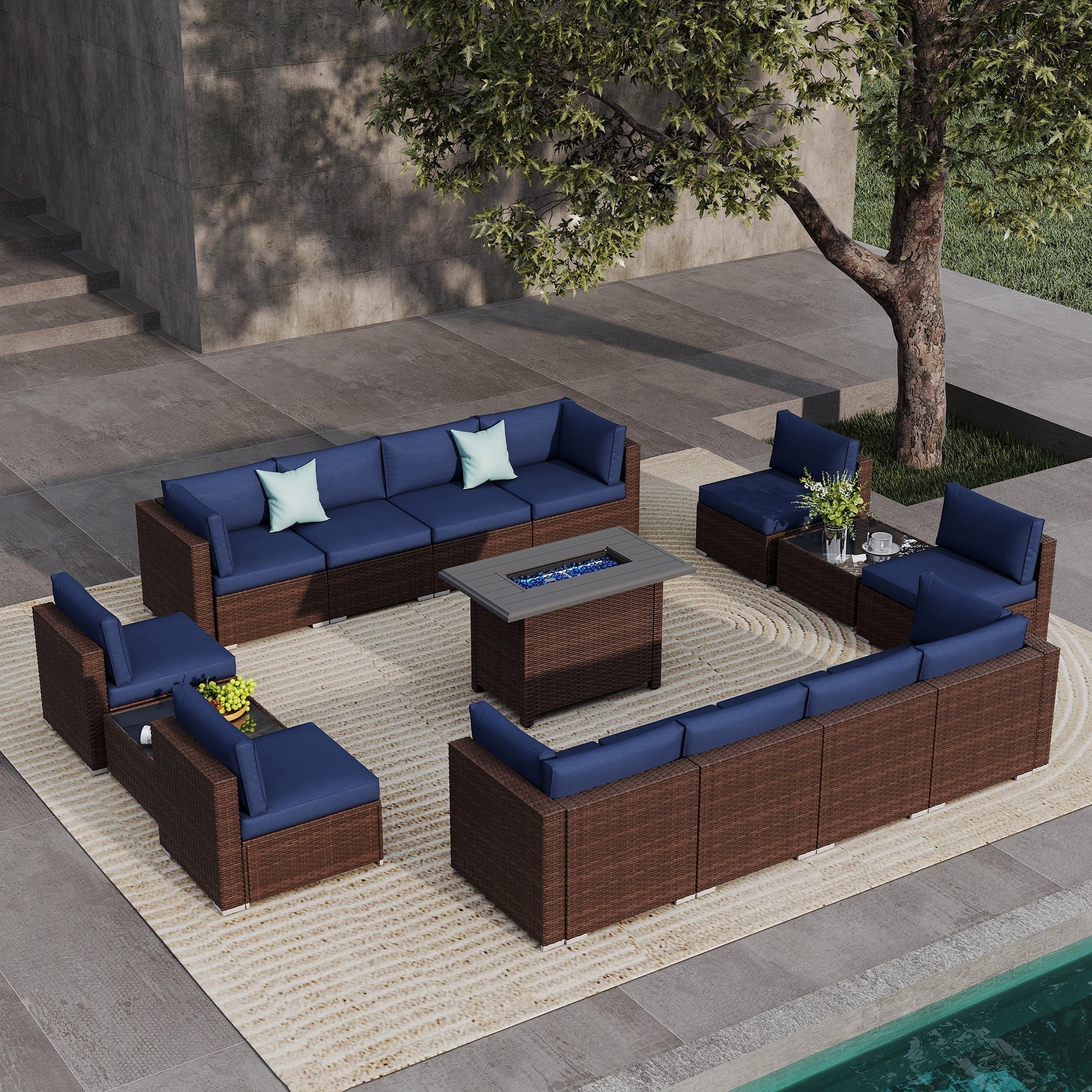 15 Piece Modular Outdoor Pe Wicker Conversation Set With 50 000 Btu Fire Pit Table