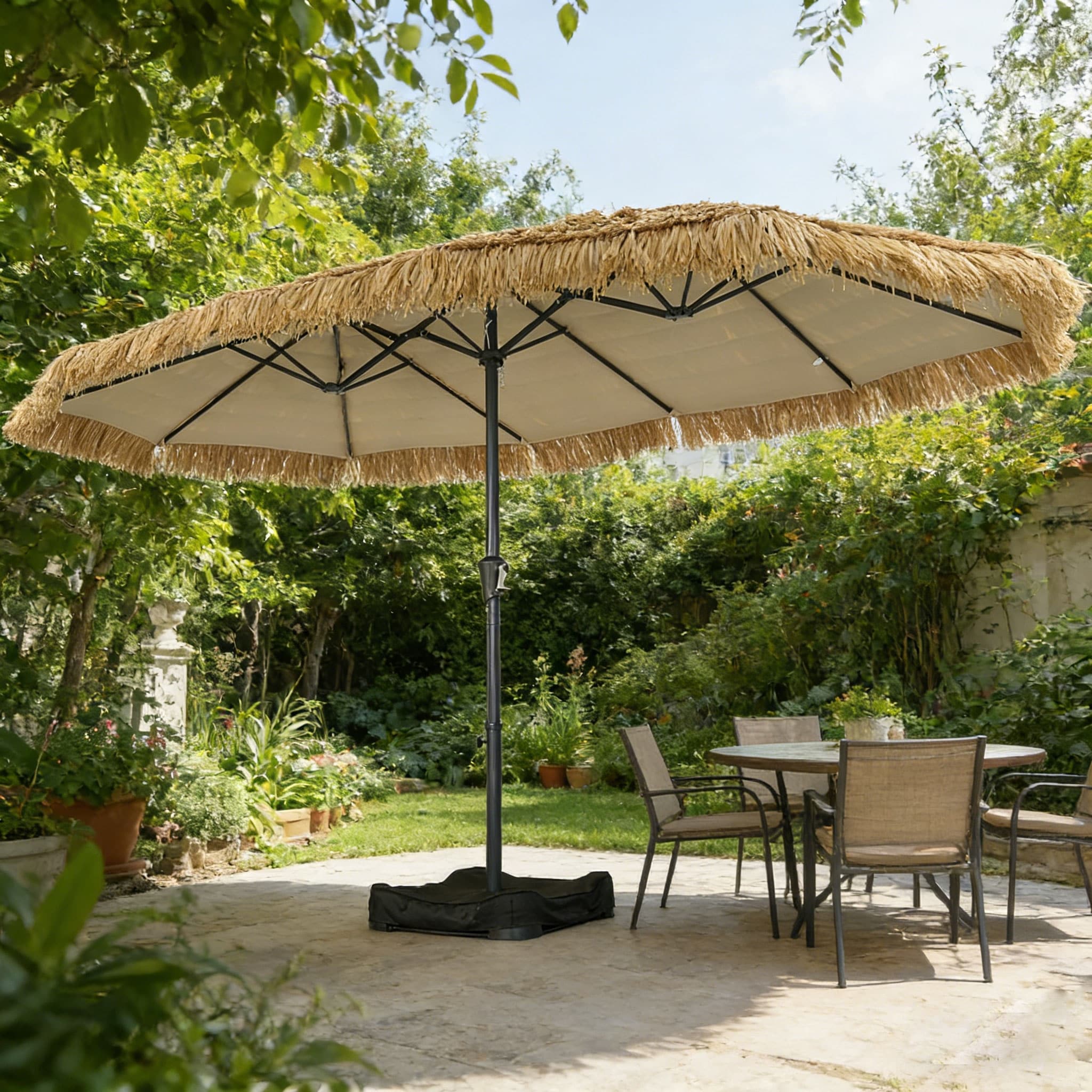 15 Ft Tiki Thatched Umbrella With Sandbags Base Hawaiian Pool Patio Beach