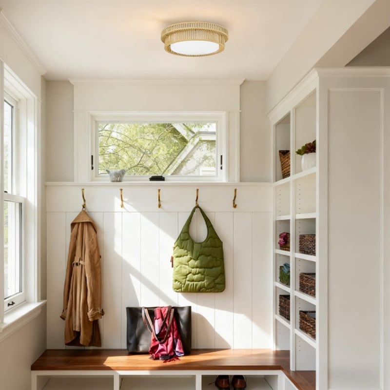 15 W Flush Mount Light Metal Rattan Kitchen Light Beige Ceiling Lights N A
