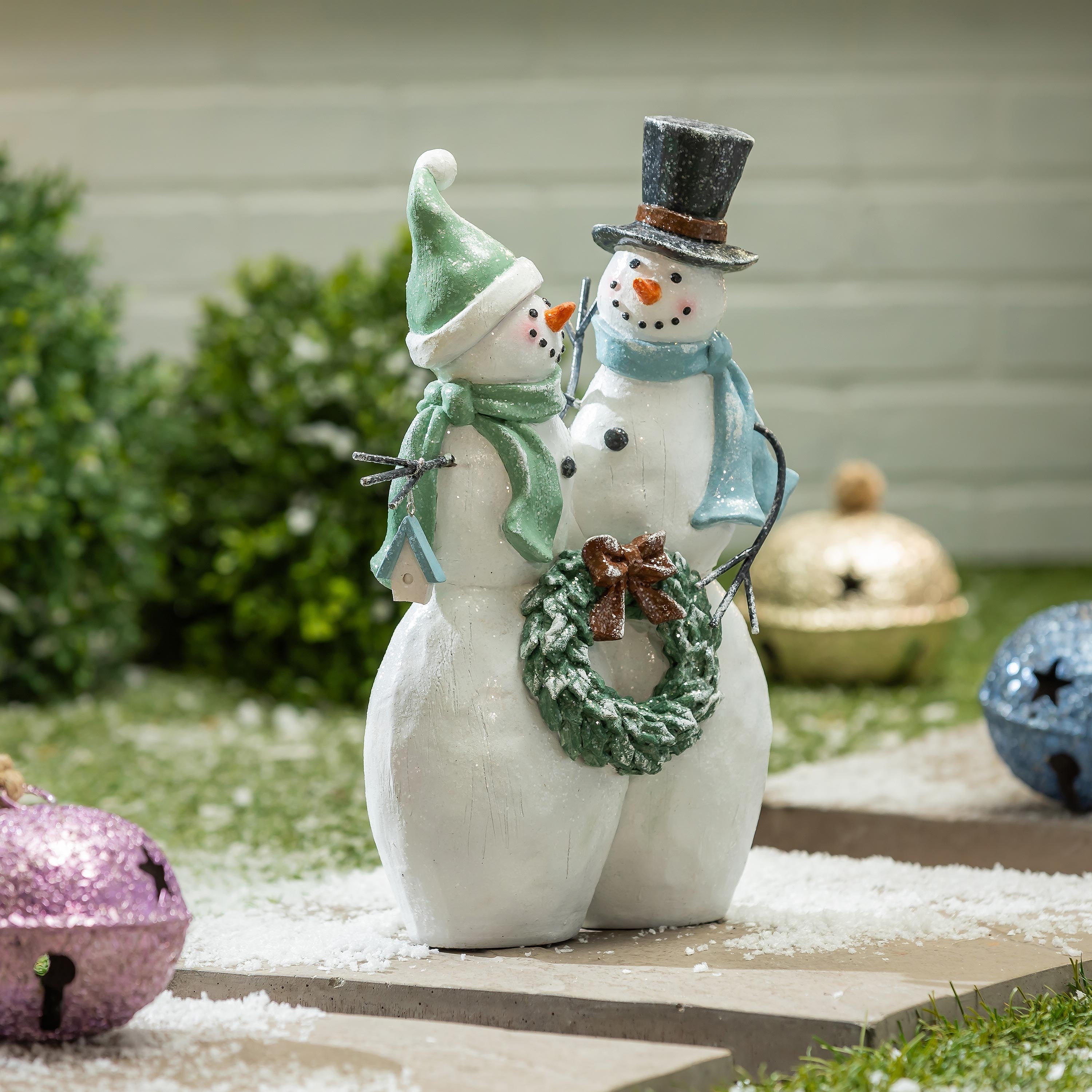 15.5 In. Frosted Snowmen Resin Garden Statue Multicolor