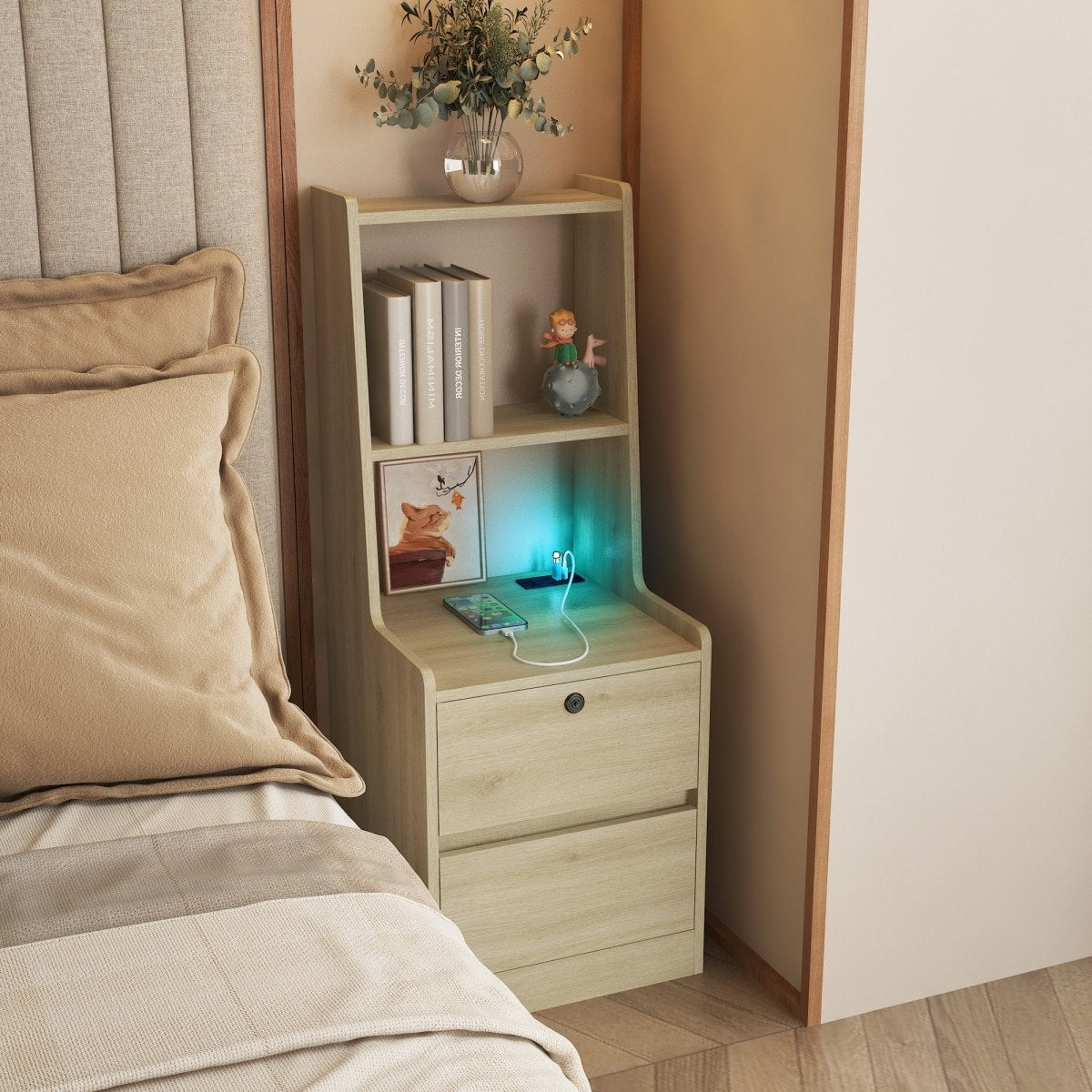 15.74 Modern Nightstand With Bookshelf Charging Station And Night Light