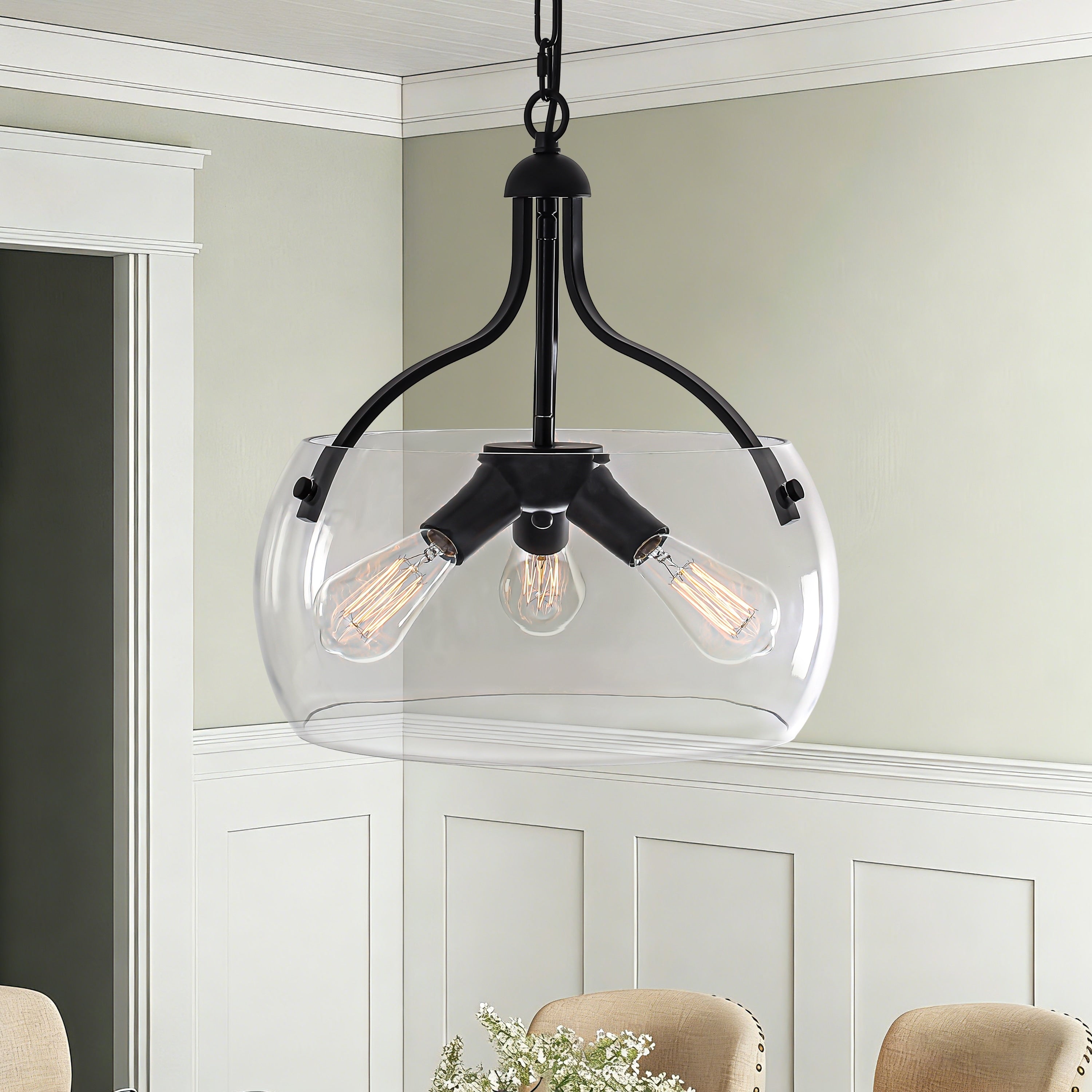 15.75 Black 3 Light Glass Pendant Light Adjustable Fixture