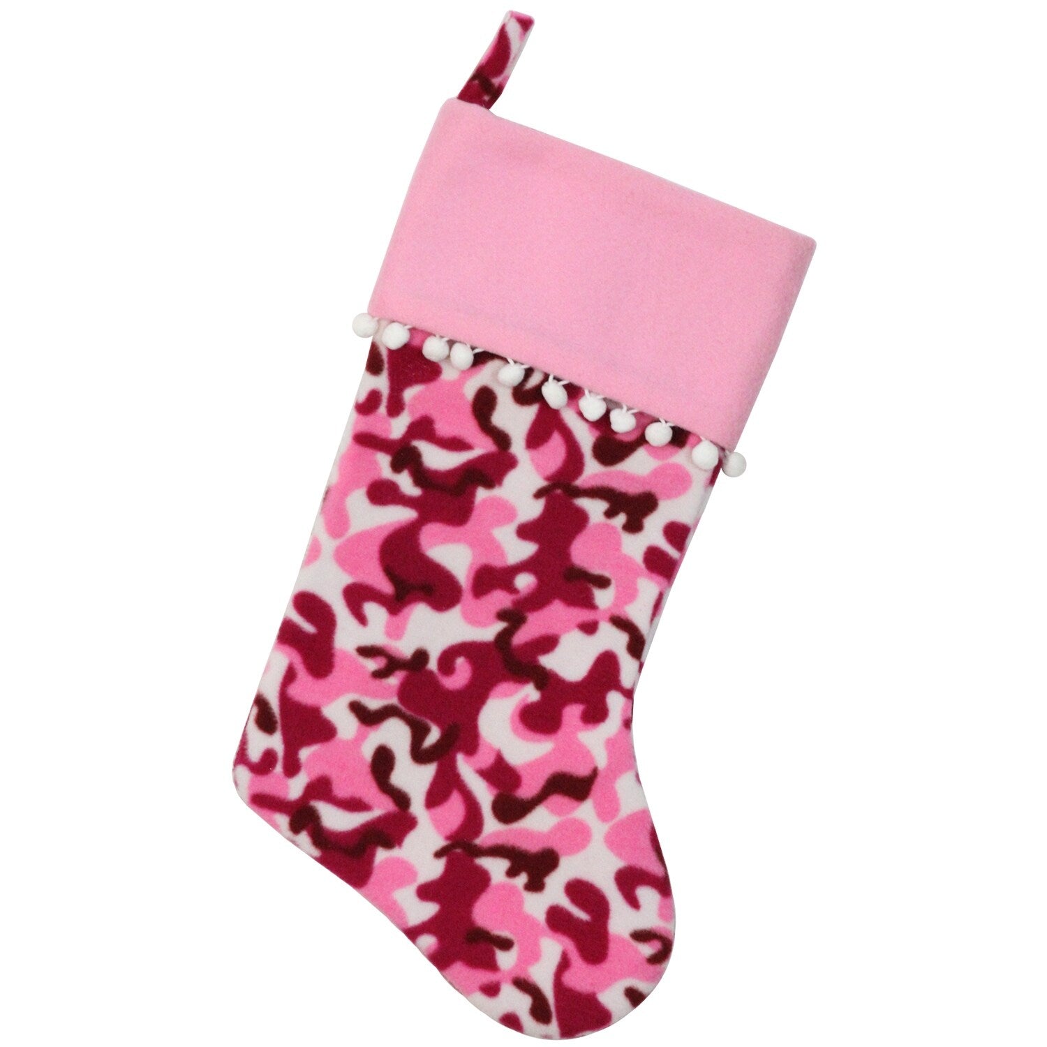 15.75 Pink And Brown Camouflage Christmas Stocking With Pink Cuff And White Poufs