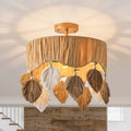 15.7 4 Light Bohemian Antique Gold Handwoven Raffia Ceiling Light With Leaf Shaped Cotton Cord Hanging Ornament