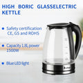1500W 1.8L Electric Glass Tea Kettle Hot Water Kettle With Auto Shutoff Protection Stainless Steel Lid Bottom