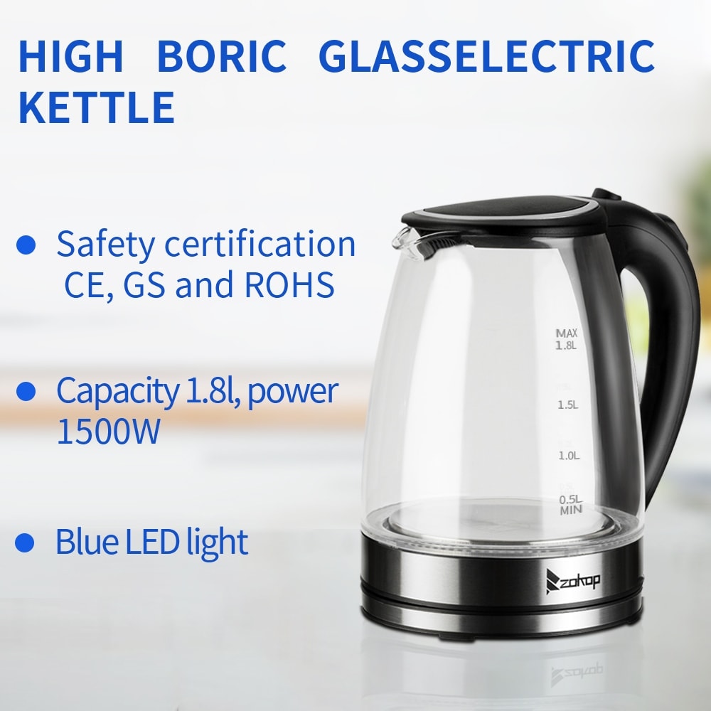 1500W 1.8L Electric Glass Tea Kettle Hot Water Kettle With Auto Shutoff Protection Stainless Steel Lid Bottom