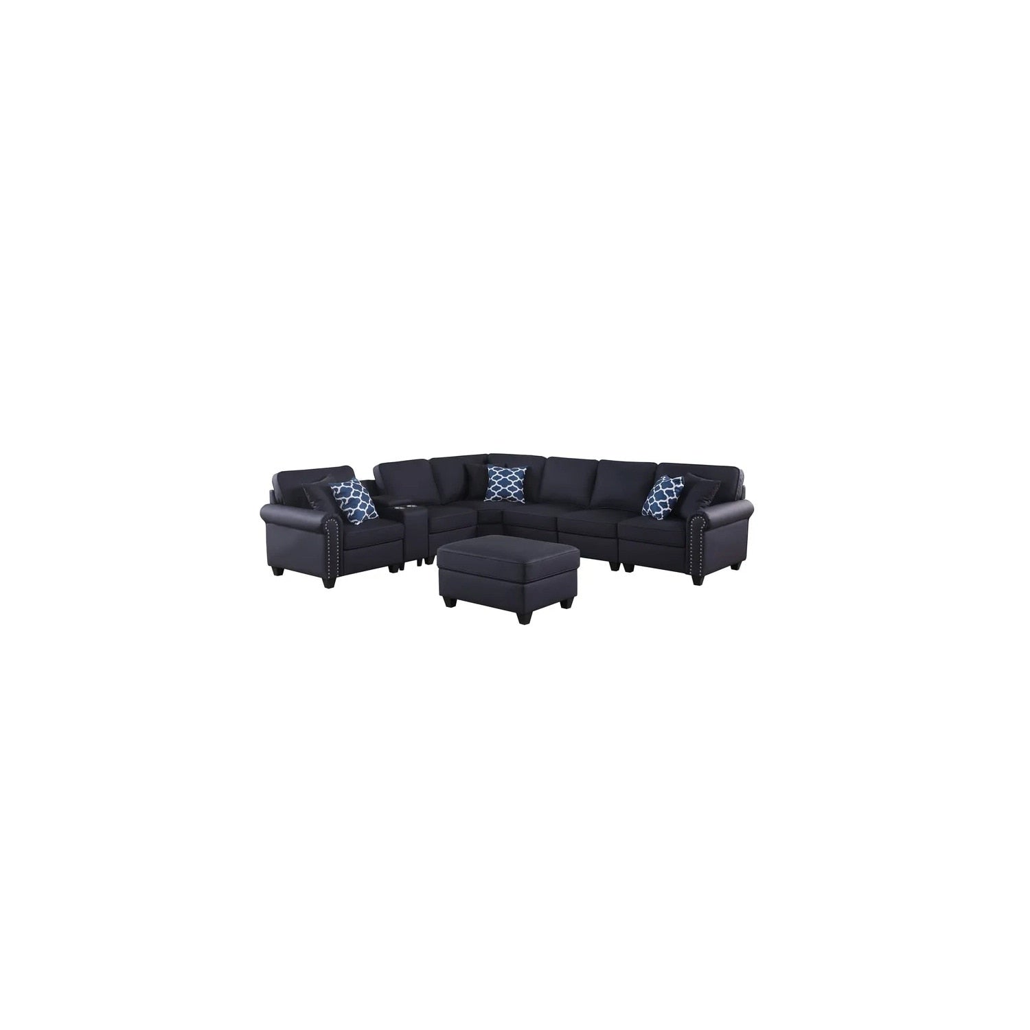 151.25 In.W Square Arm 13 Piece Faux Leather L Shaped Cup Holder Storage Usb Port Convertible Sectional Sofa In Black