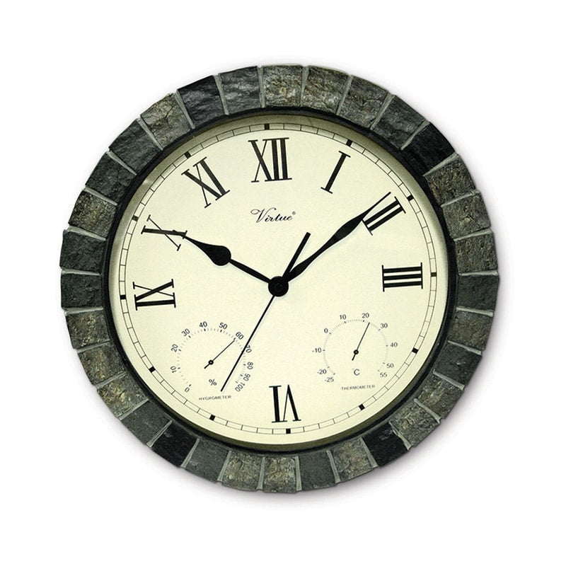 15 Battery Operated Faux Stone Large Print Roman Numeral Outdoor Clock Thermometer And Hygrometer White