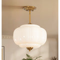 15 Vintage French Style Milk Green Pumpkin Shaped Glass Semi Flush Mount Pedant Light In Antique Aged Brass Finish