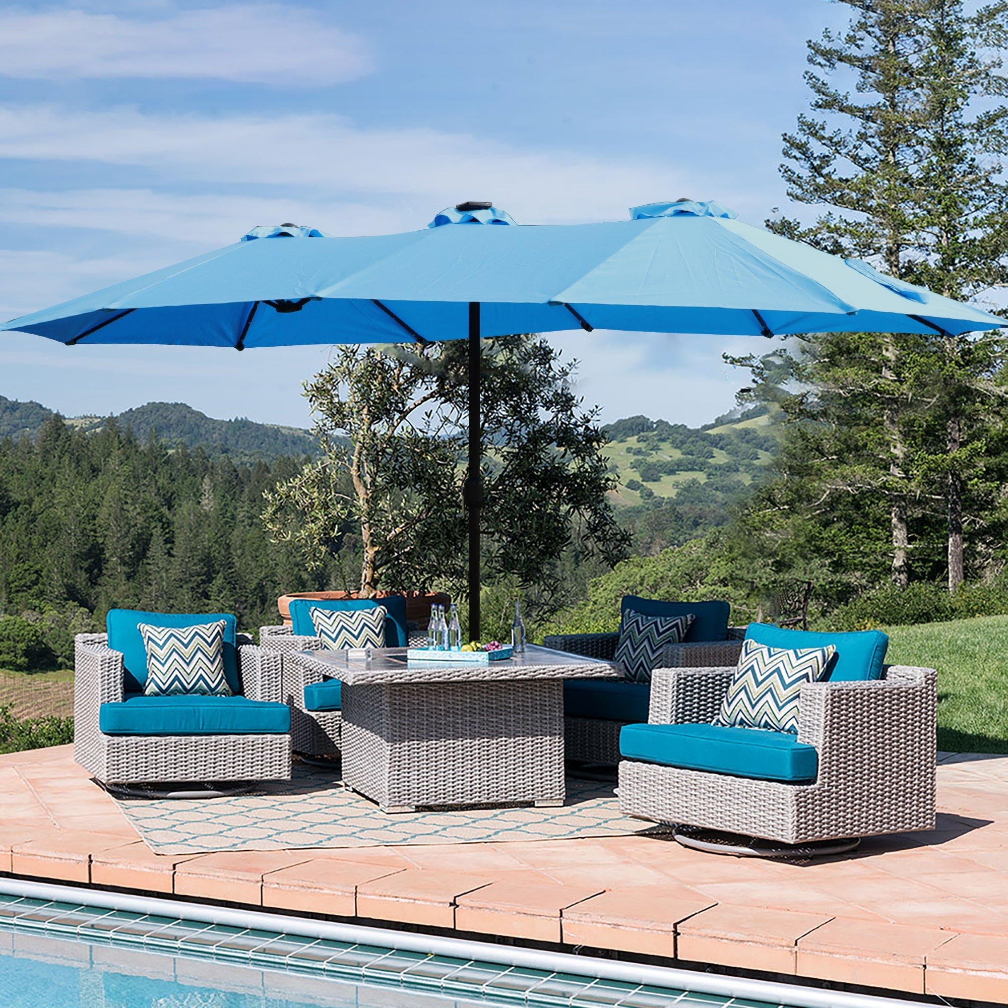 15X9 Ft Large Double Sided Rectangular Outdoor Twin Patio Market Umbrella With Light And Base Blue