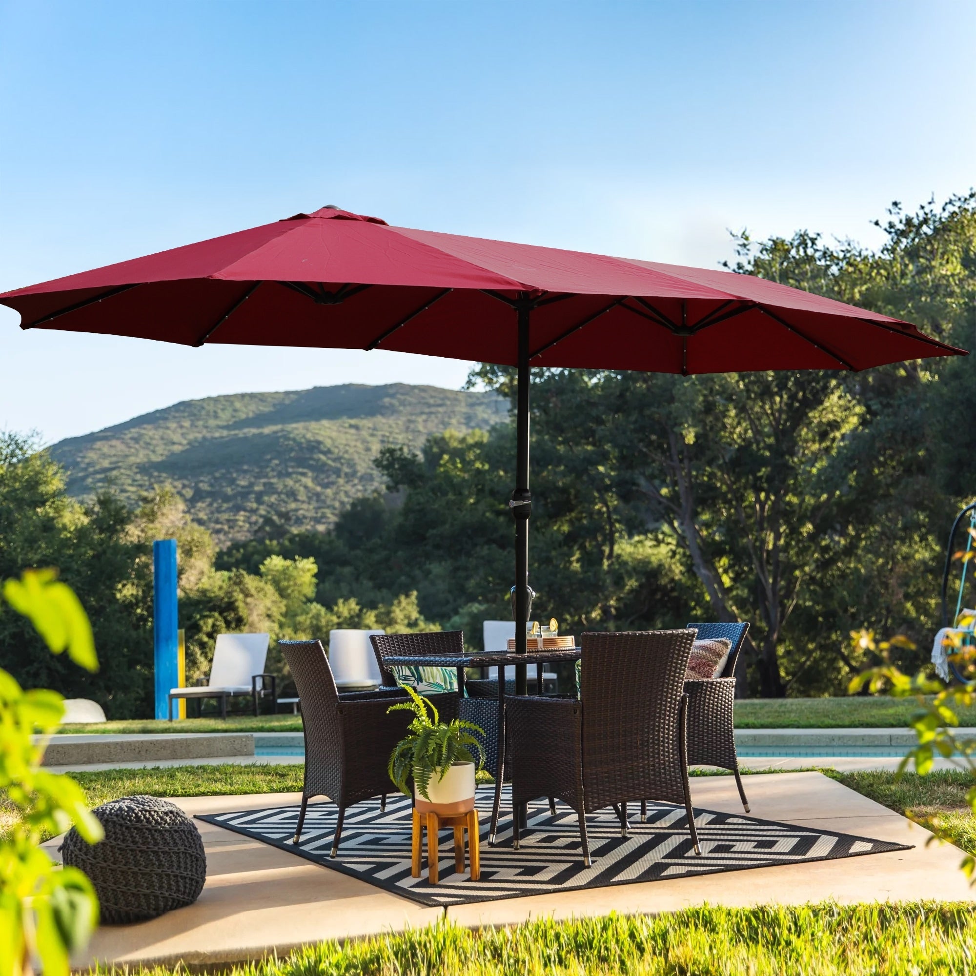 15X9Ft Large Double Sided Rectangular Outdoor Twin Patio Market Umbrella With Light And Base Red
