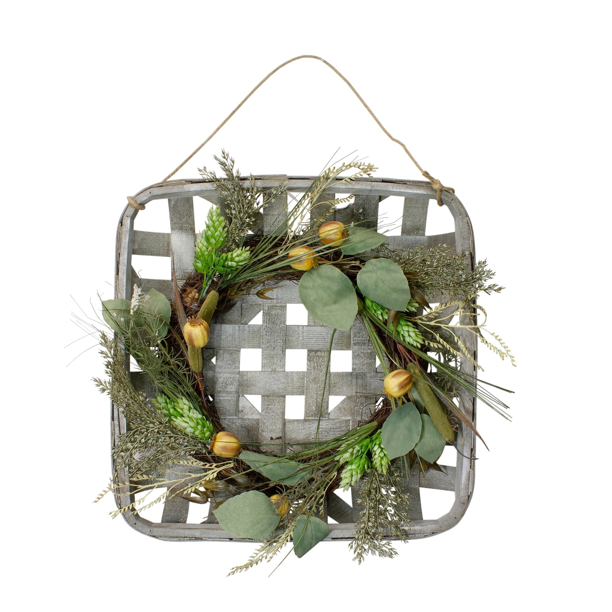 16 Autumn Harvest Green Hop And Cattail Grapevine Wreath In A Wooden Tray Hanger N A