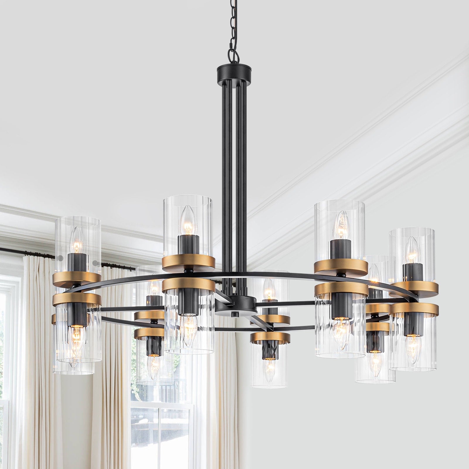 16 Light Modern Farmhouse Chandelier With Clear Ribbed Glass Shades Dia.35.24 In