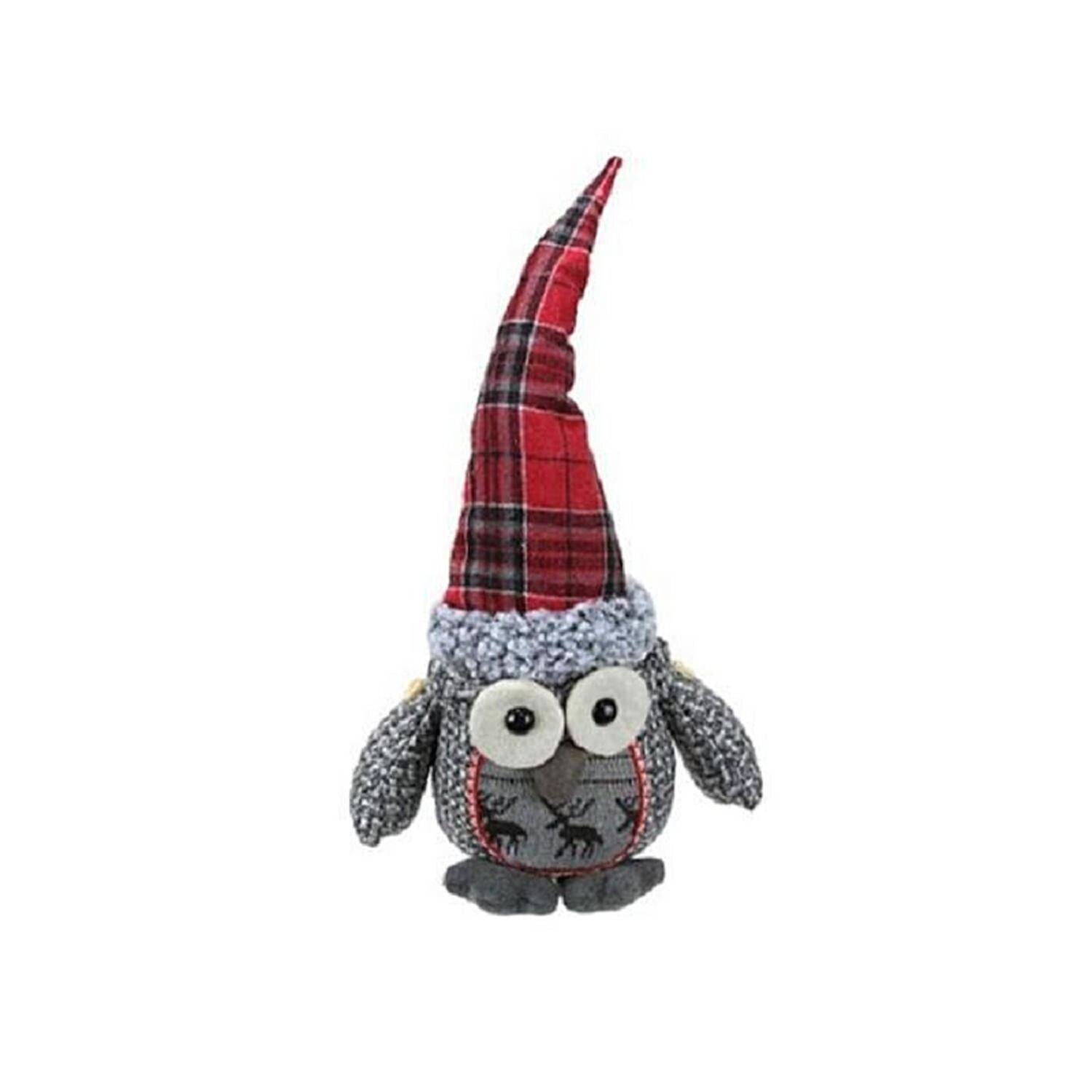 16.75 Gray Basket Weave And Red Plaid Sitting Owl Decorative Christmas Tabletop Figure