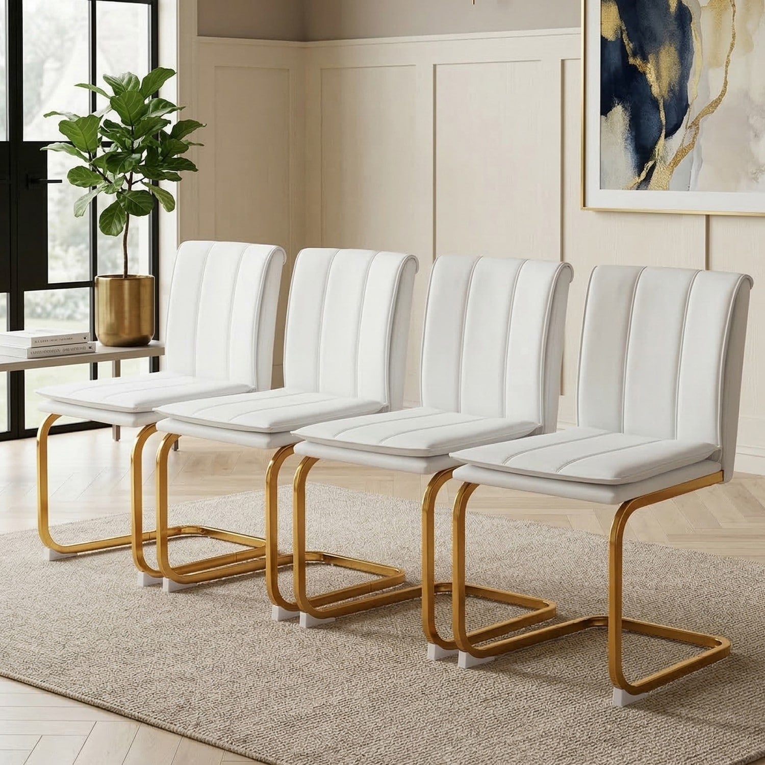 16.93 Pu Leather Upholstered Dining Chair With Gold Metal Legs