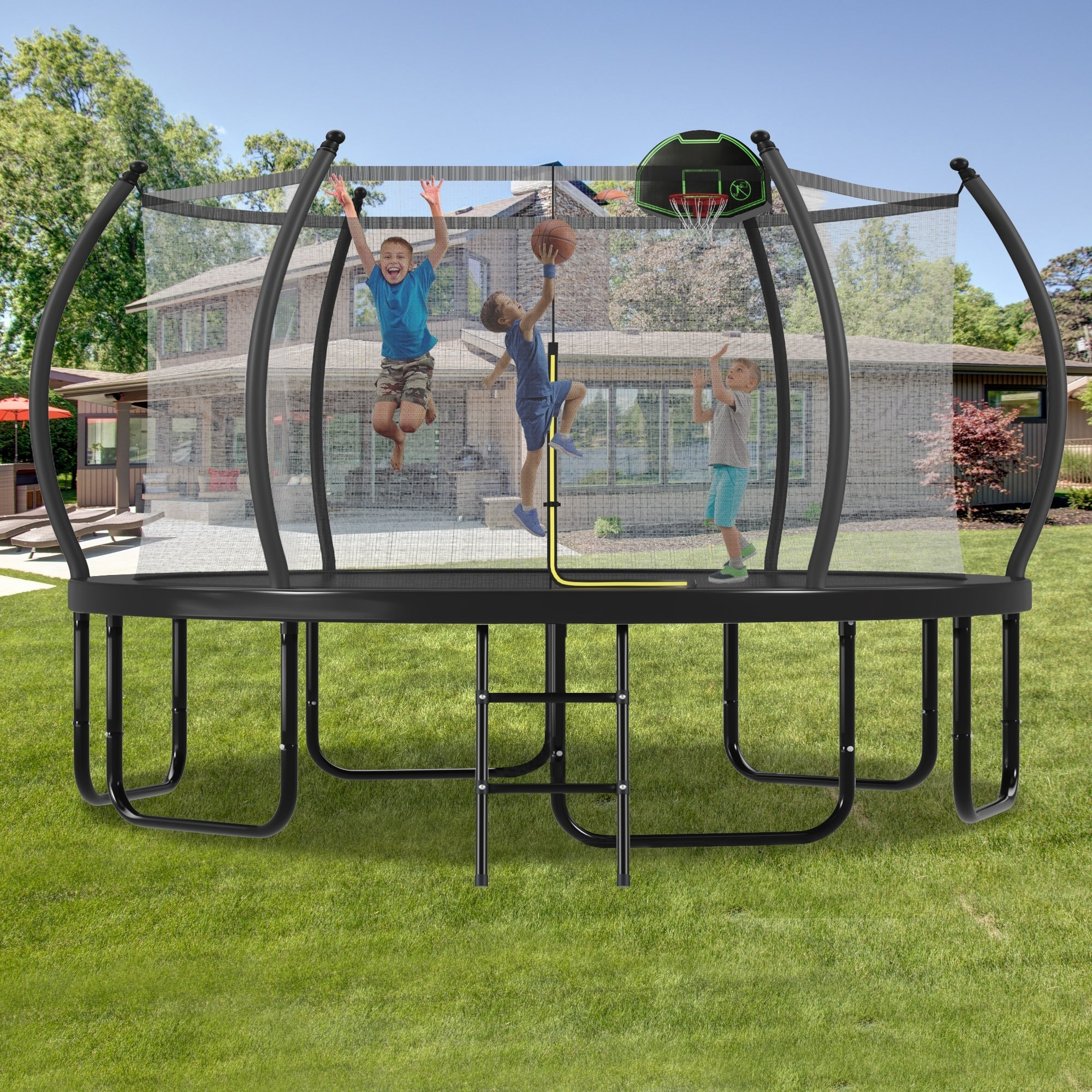 16Ft Trampoline With Basketball Hoop For Kids And Adults Round Outdoor Trampoline With Enclosure Net Curved Poles Ladder