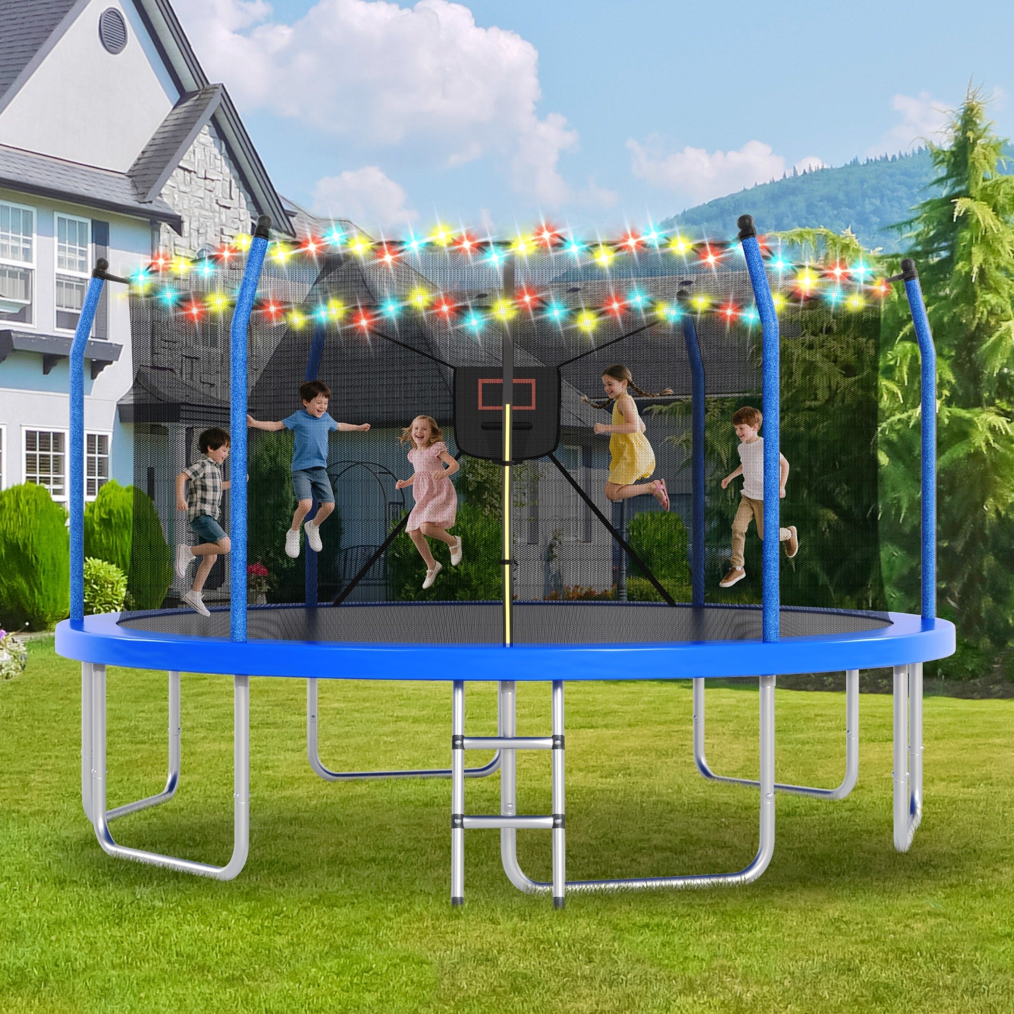 16Ft Trampoline With Lights And Basketball Hoop Outdoor Recreational 16 Trampoine For Kids And Adults