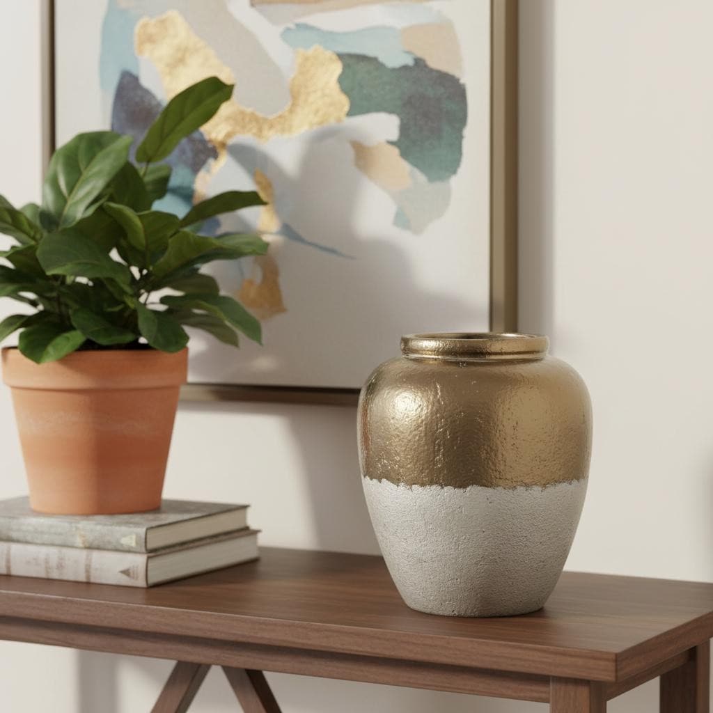 16 Antiqued Bronze And Light Gray Color Block Ceramic Round Jug Vase 8.50