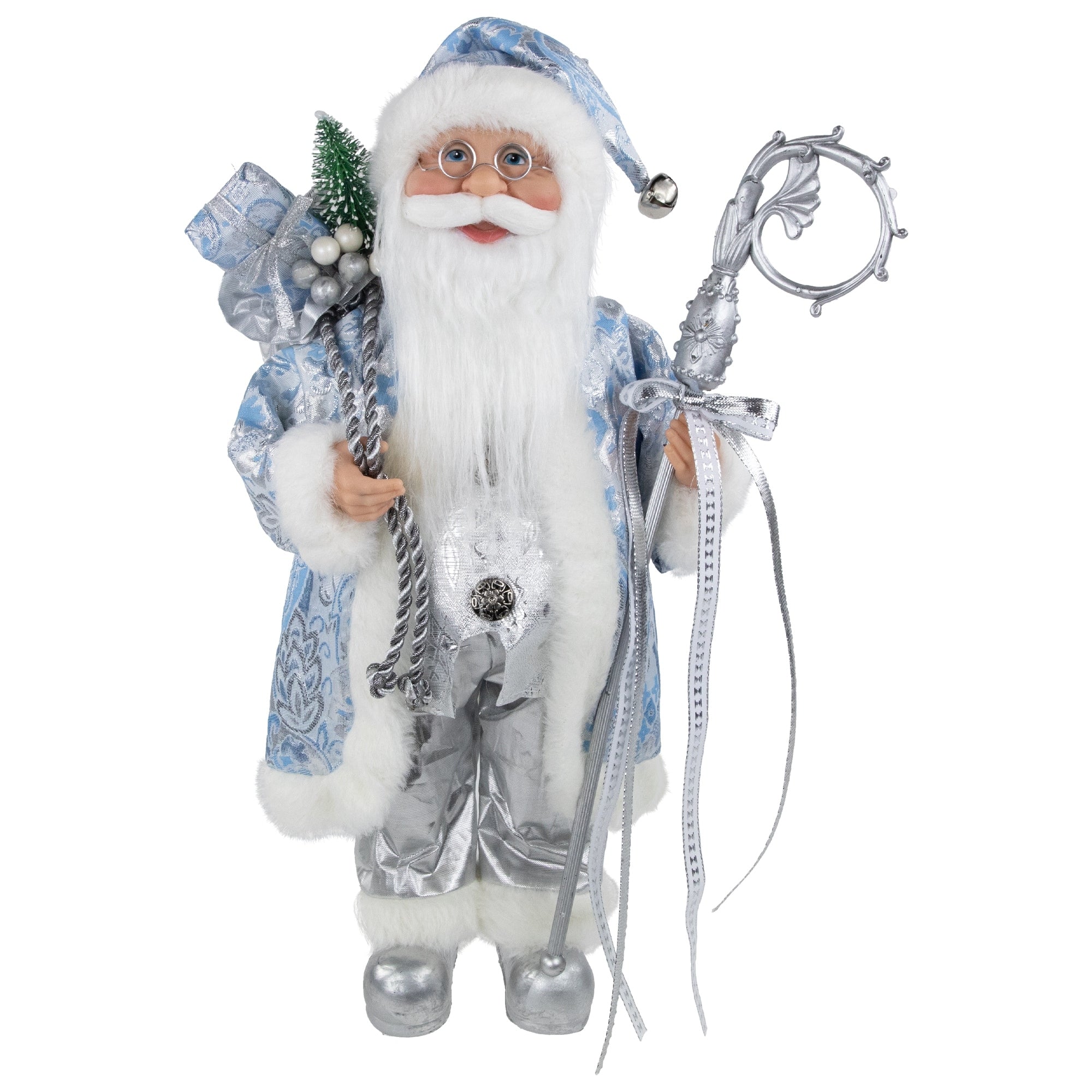 16 Ice Palace Standing Santa Claus In Blue And Silver Holding A Staff And Bag Christmas Figure