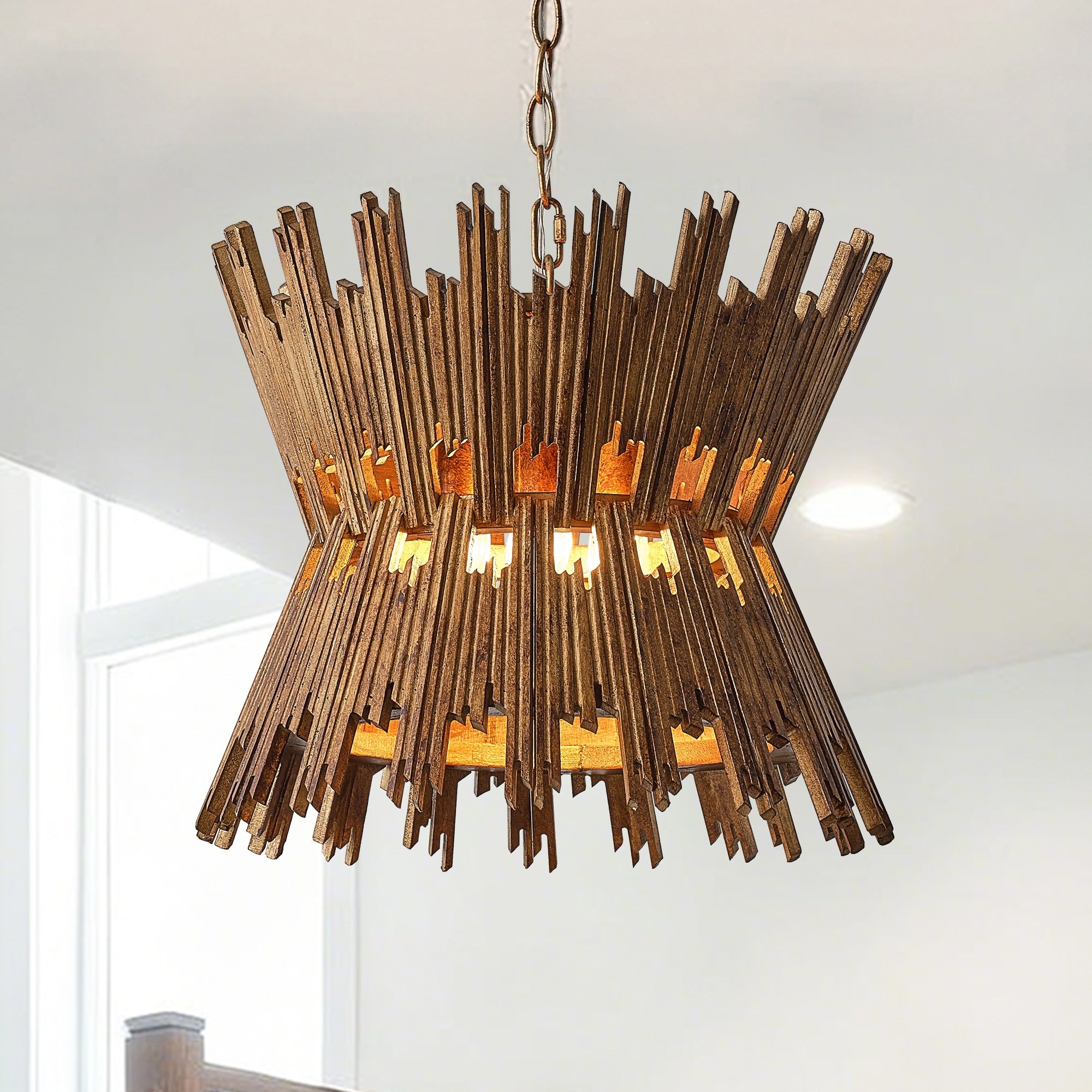 16 Rustic Gold Wood Hourglass 4 Light Pendant Light Adjustable Hanging Chandelier