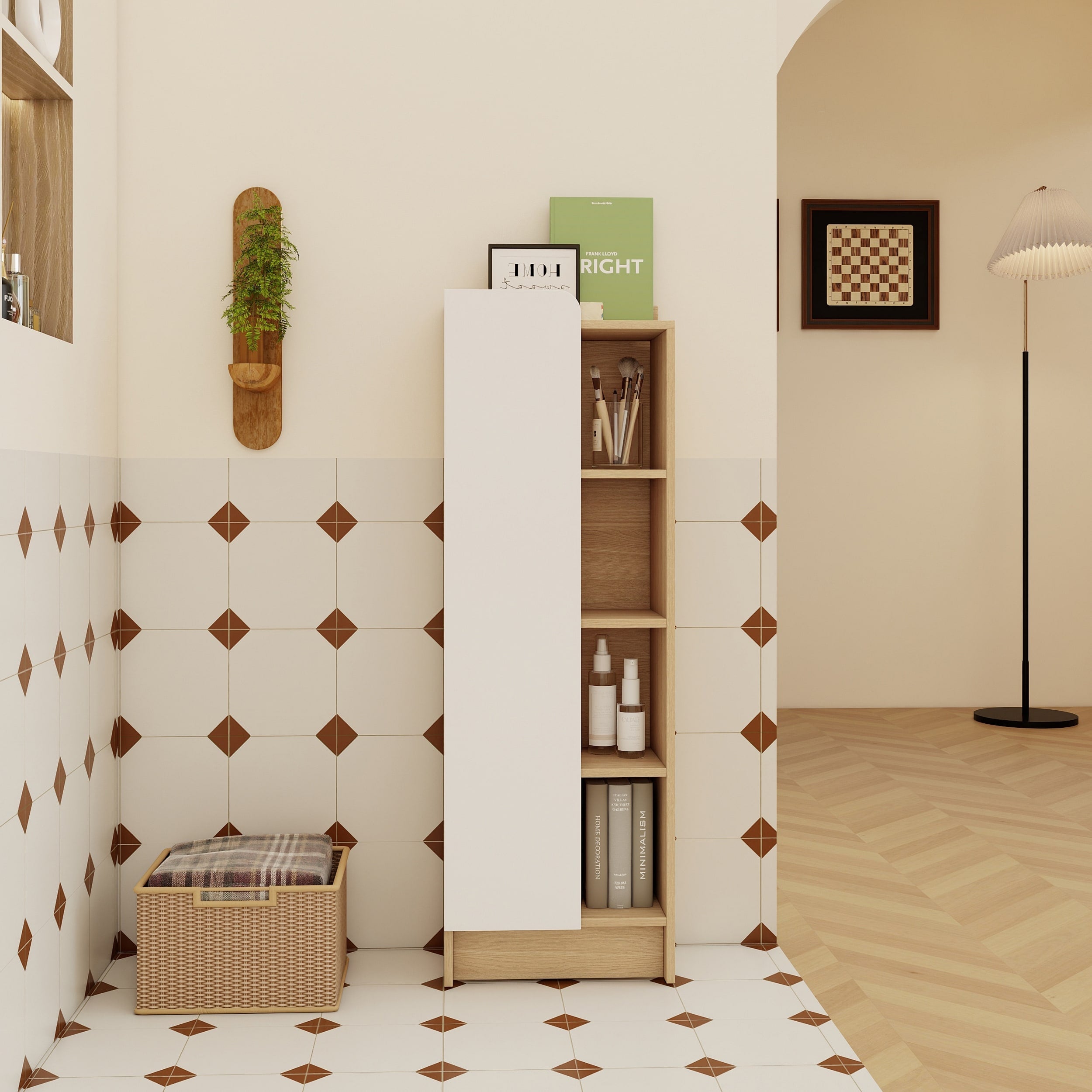 16 Tall Light Oak Freestanding Bathroom Side Cabinet Narrow Storage Cabinet With Single Door 4 Tier Open Shelves
