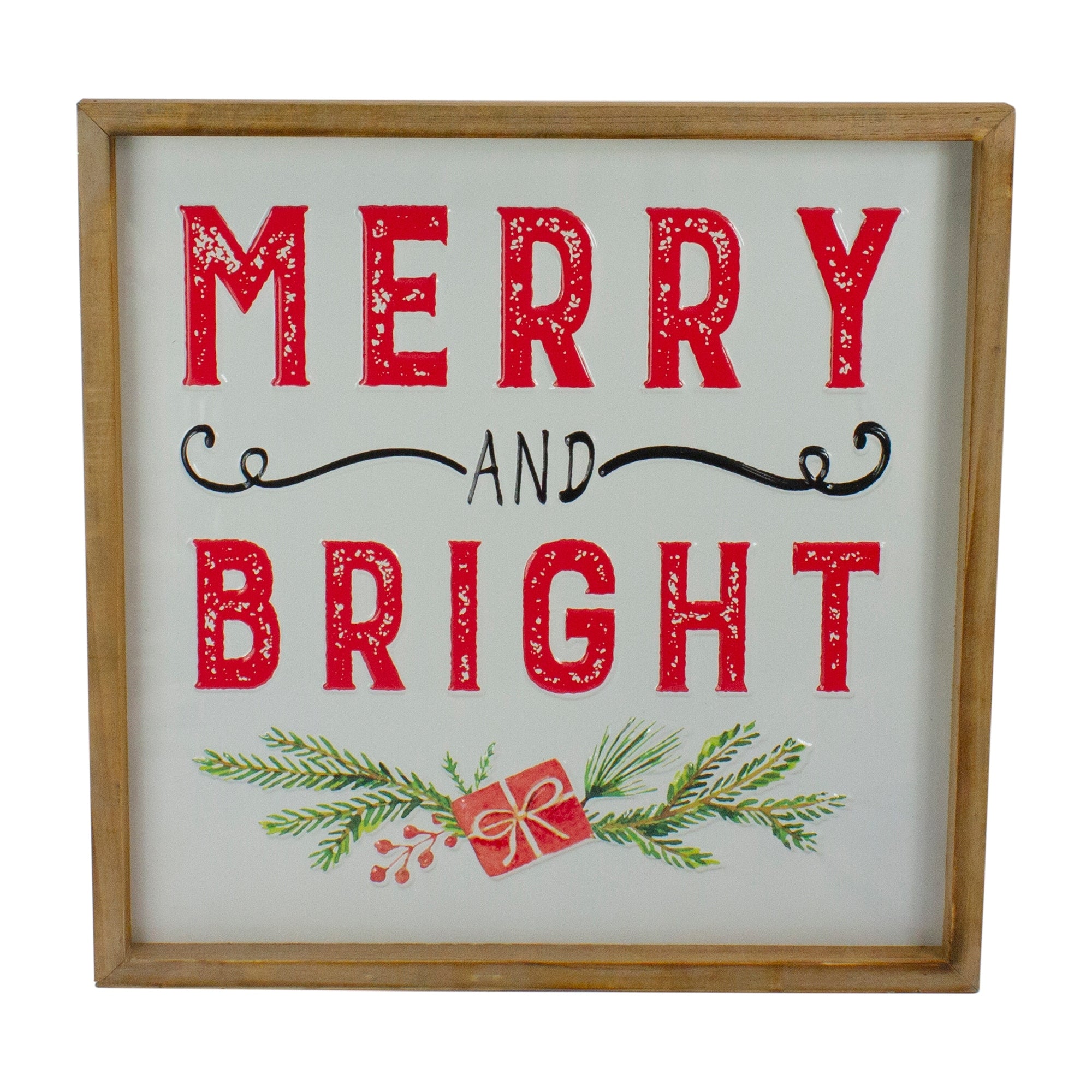 12 White And Red Merry And Bright Metal Christmas Sign With Wood Frame Wall Decor