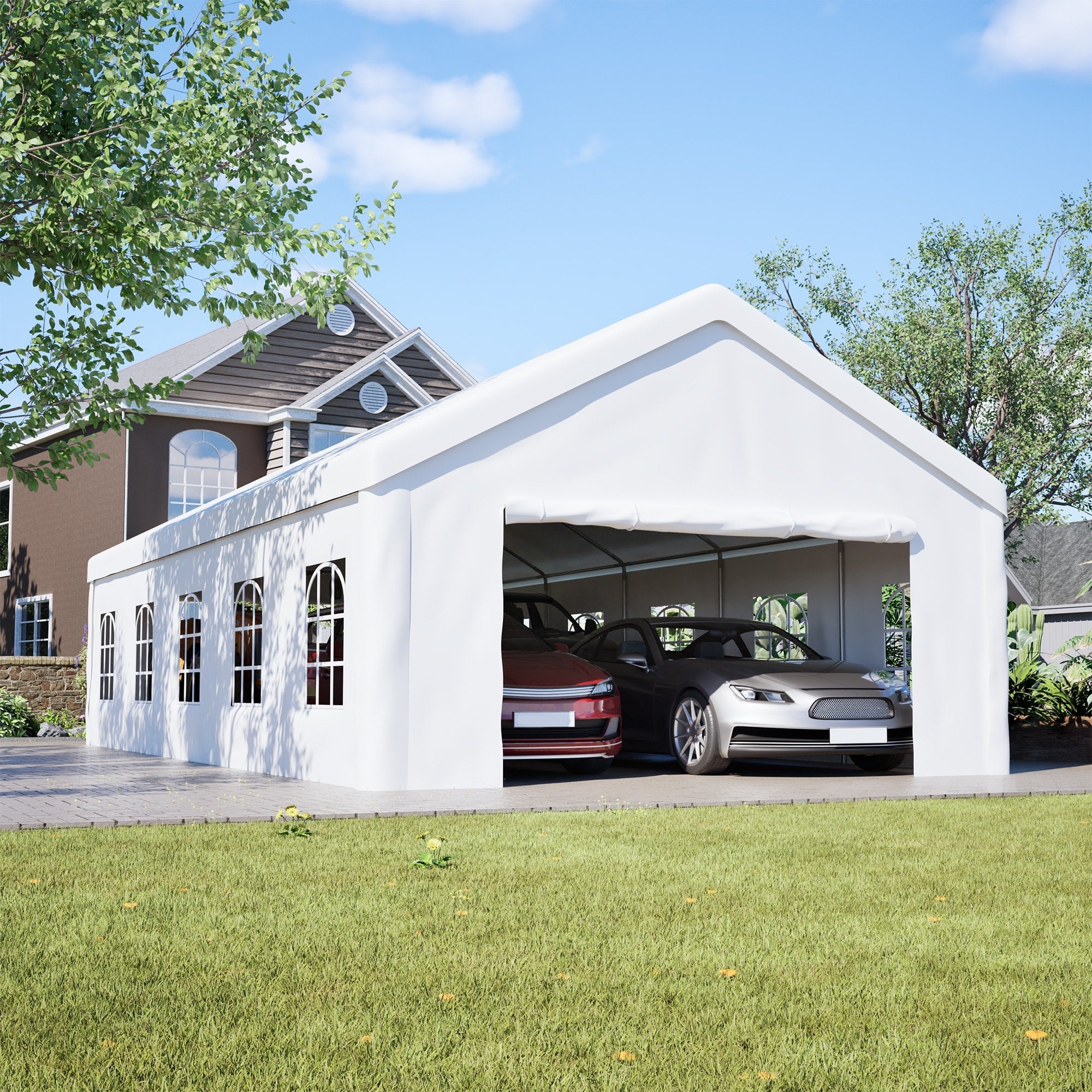 16X32 Heavy Duty Canopy Portable Metal Carport Garage With Removable Waterproof Cover Sidewalls All Weather Outdoor Shelter