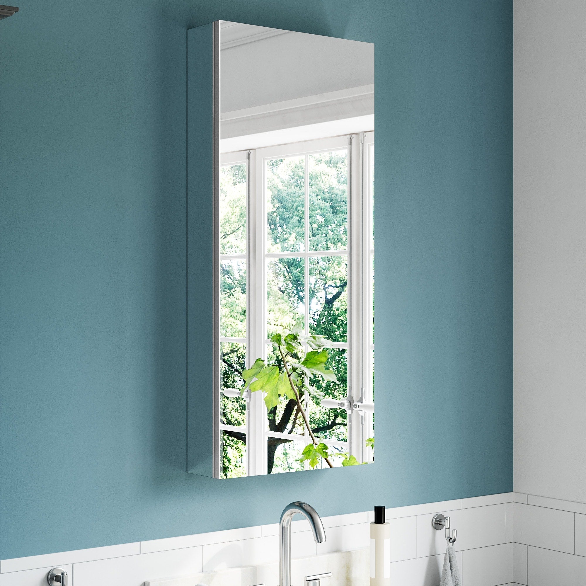 16X36 Tri View Mirrored Medicine Cabinet With Soft Close Blum Hinges Reversible Door Recessed Surface Mount Aluminum Body