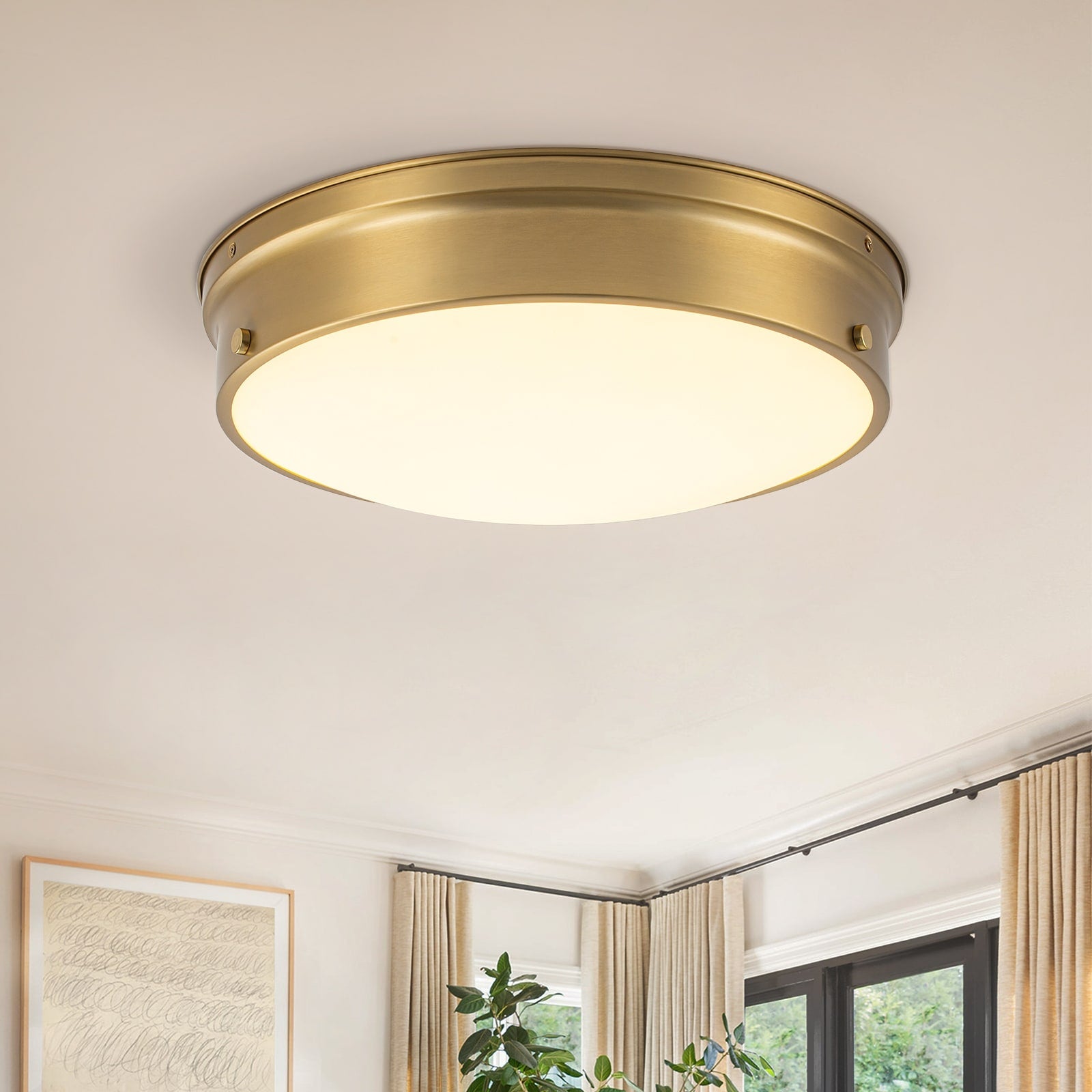 17 In. Led Gold Drum Flush Mount With Frosted Glass